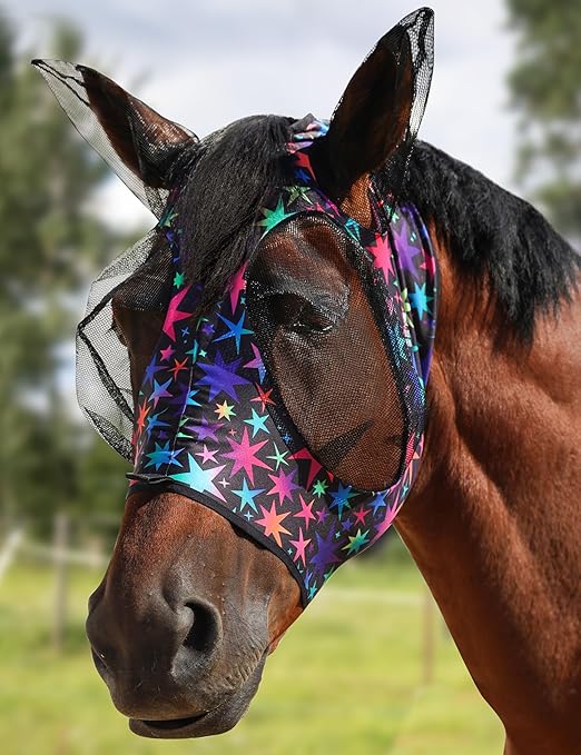 Harrison Howard Stretch Fly Mask with Forelock Opening and Patterns Comfortable Breathable Snug Fitting Horse Fly Mask Luminous Stars M