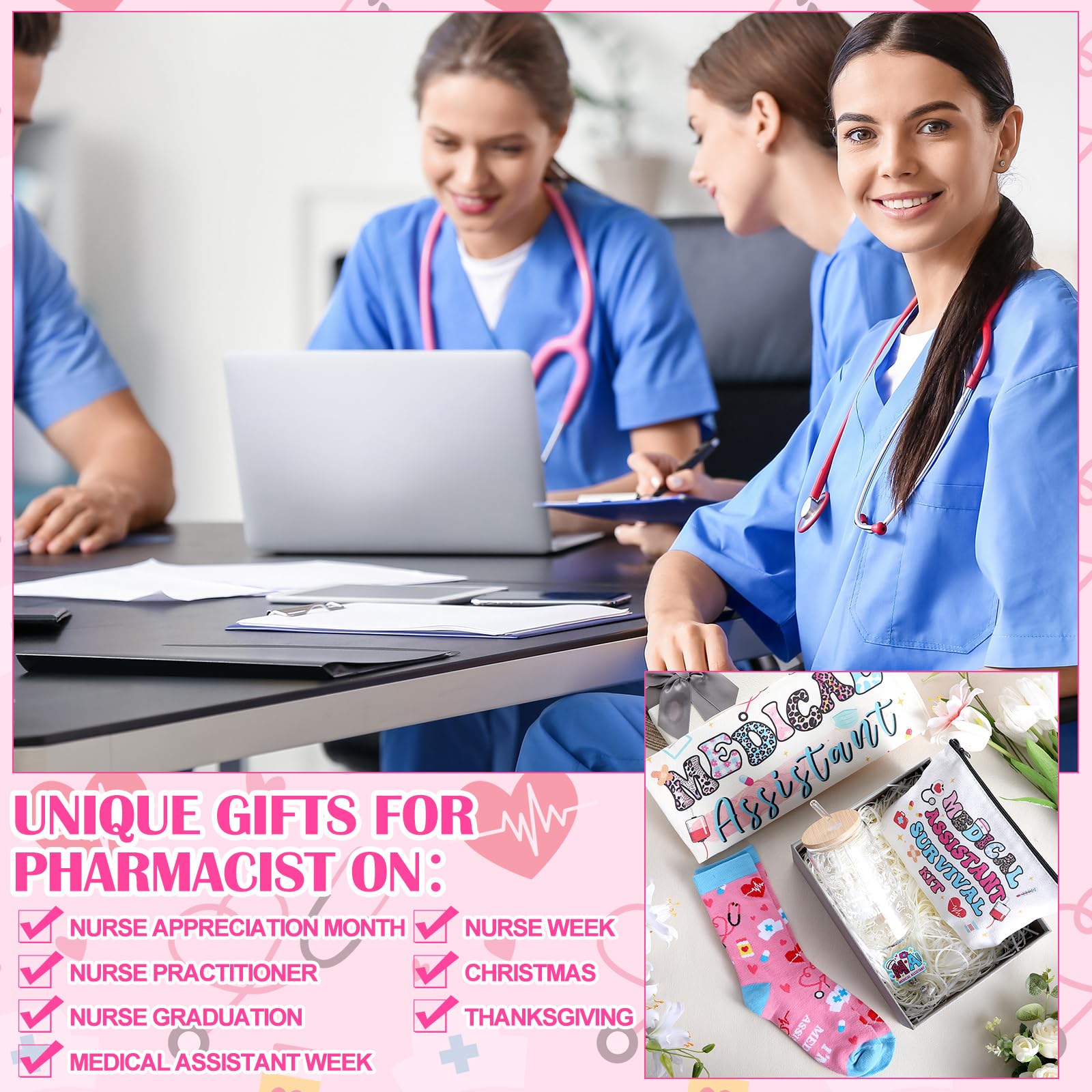Mimorou 6 Pcs Medical Assistant Gift Set for Women Canvas Tote Bag Cosmetic Bag 16oz Glass Cup Pink Glitter Badge Reel Novelty Socks Unique Appreciation Gifts for Medical Assistants Nurse Week