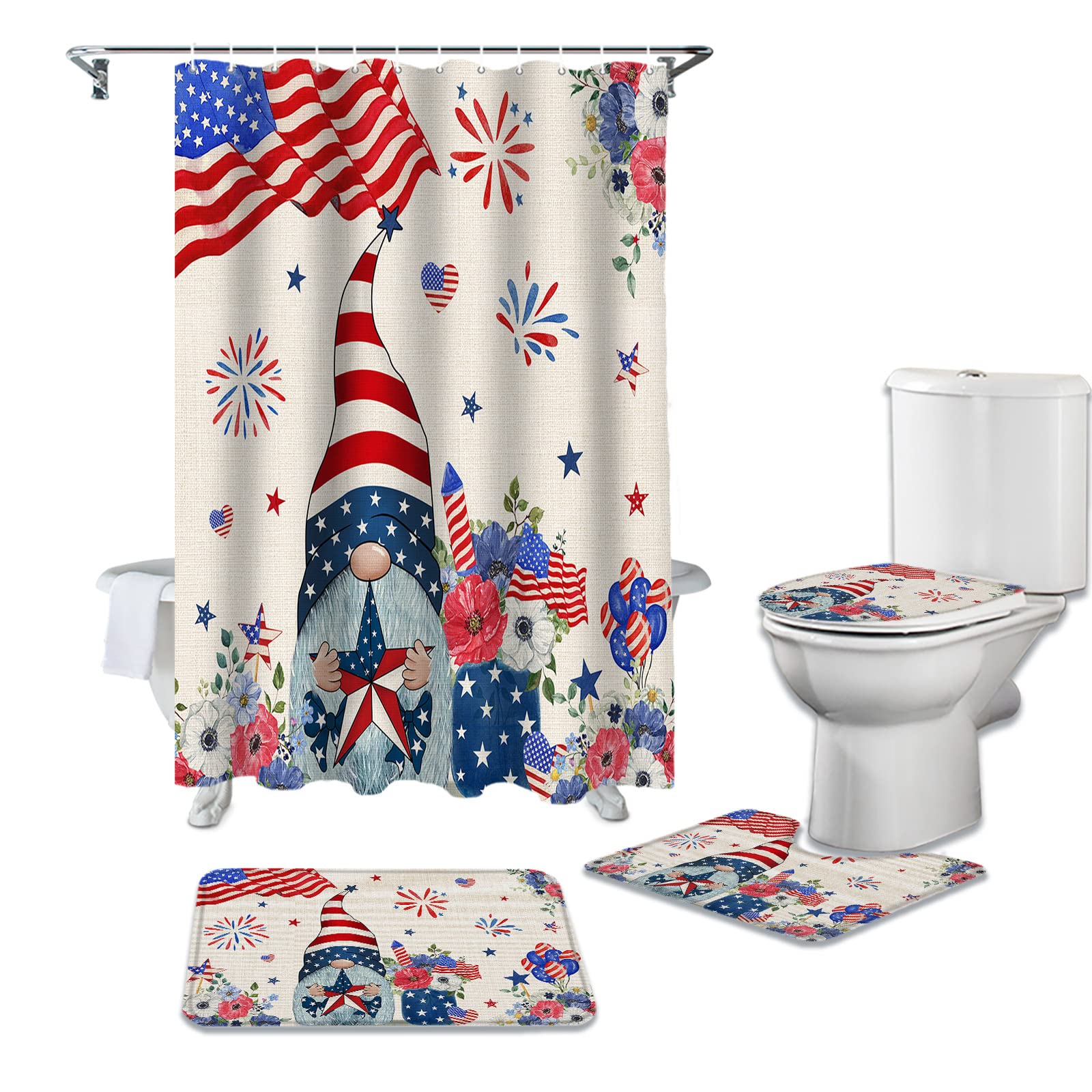 RainbowDay 4 Piece Shower Curtain Sets with Rugs July 4th Independence Day Star Gnoems Bathroom Set for Bathroom Decor 72x72 Inch Shower Curtain,Non Slip Floor Rug,Toilet Lid Cover and Bath Mat