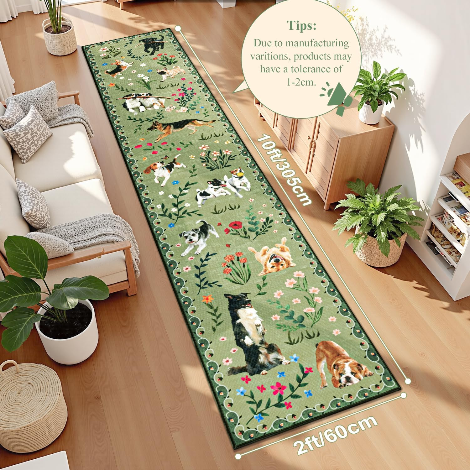 LOKHOM Hallway Runner Rug 2x10 Washable Animal Dog Print Linen Kitchen Rug with Rubber Backing, Non Slip Low Pile Soft Boho Floral Carpet for Entrance Laundry Bedroom, Green
