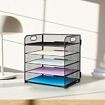 Supeasy 5 Trays Paper Organizer Letter Tray with Handle-Mesh Desk File Organizer, Paper Sorter for Office, Home or School, Black