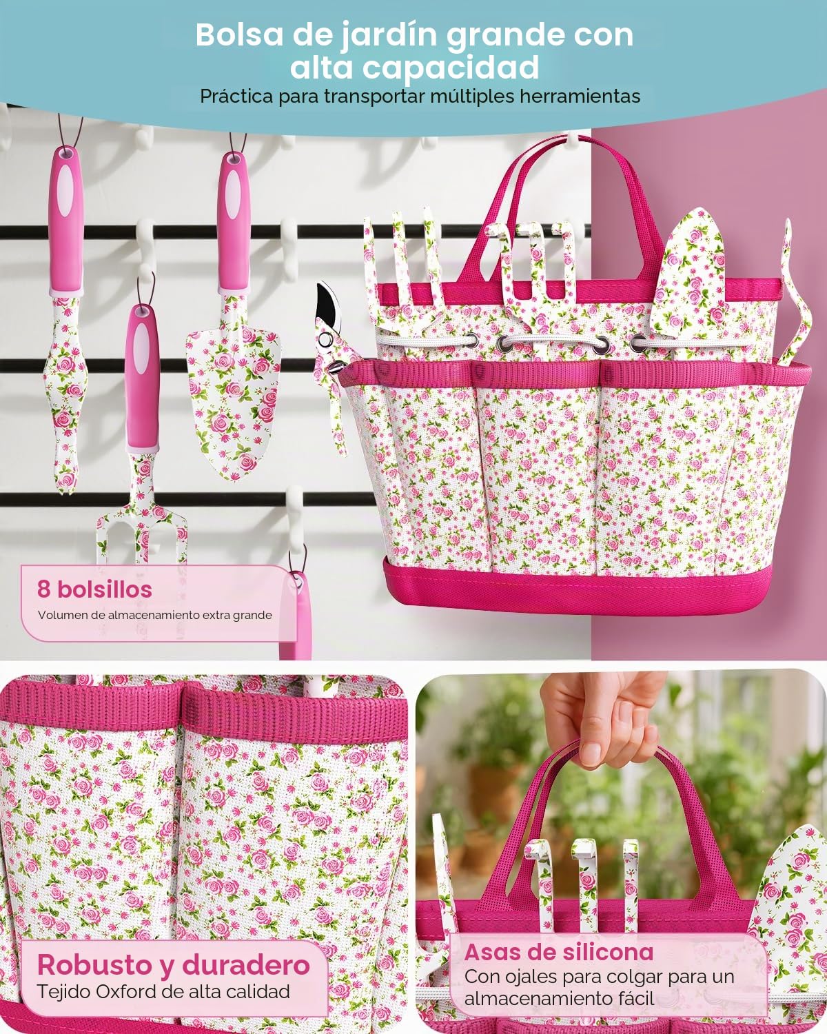 MYMULIKE Kit jardineria,26 Piezas de Herramientas de jardín con Estilo Floral, Incluye Guantes,Tijeras de podar de Mano y Bolsa de Almacenamiento, jardineras