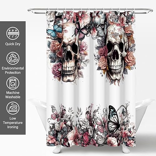 Miniatura 5 de KAIRA Cortina de ducha de flores de calavera, 72 x 72 pulgadas, tela impermeable, decoración de baño con ganchos, cortina temática de esqueleto