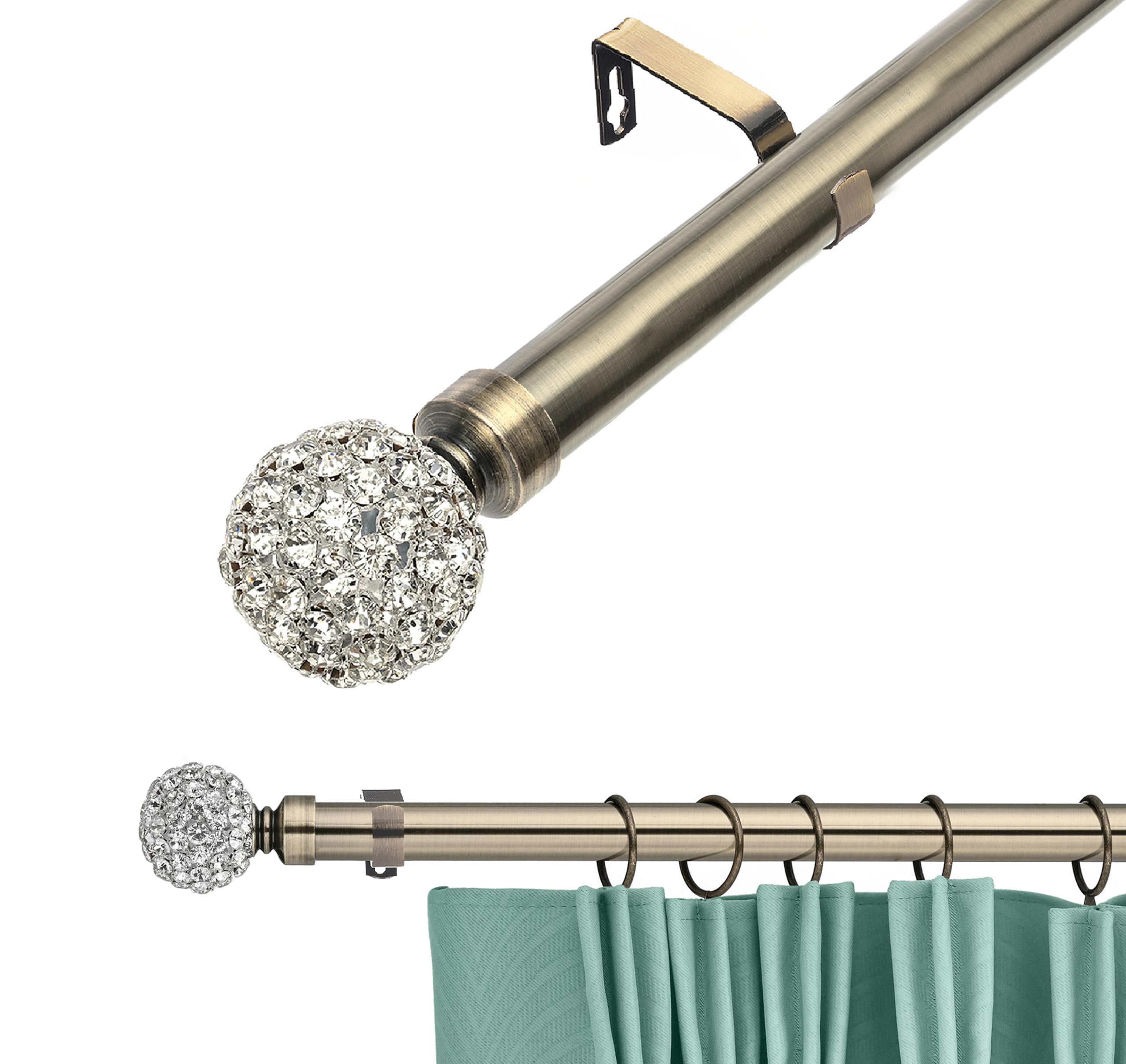 Lister Cartwright (210 - 400 Cm, Antique Brass (Diamante Ball Finial)) 28Mm Antique Brass Adjustable Extendable Metal Curtain Pole Set With Finial