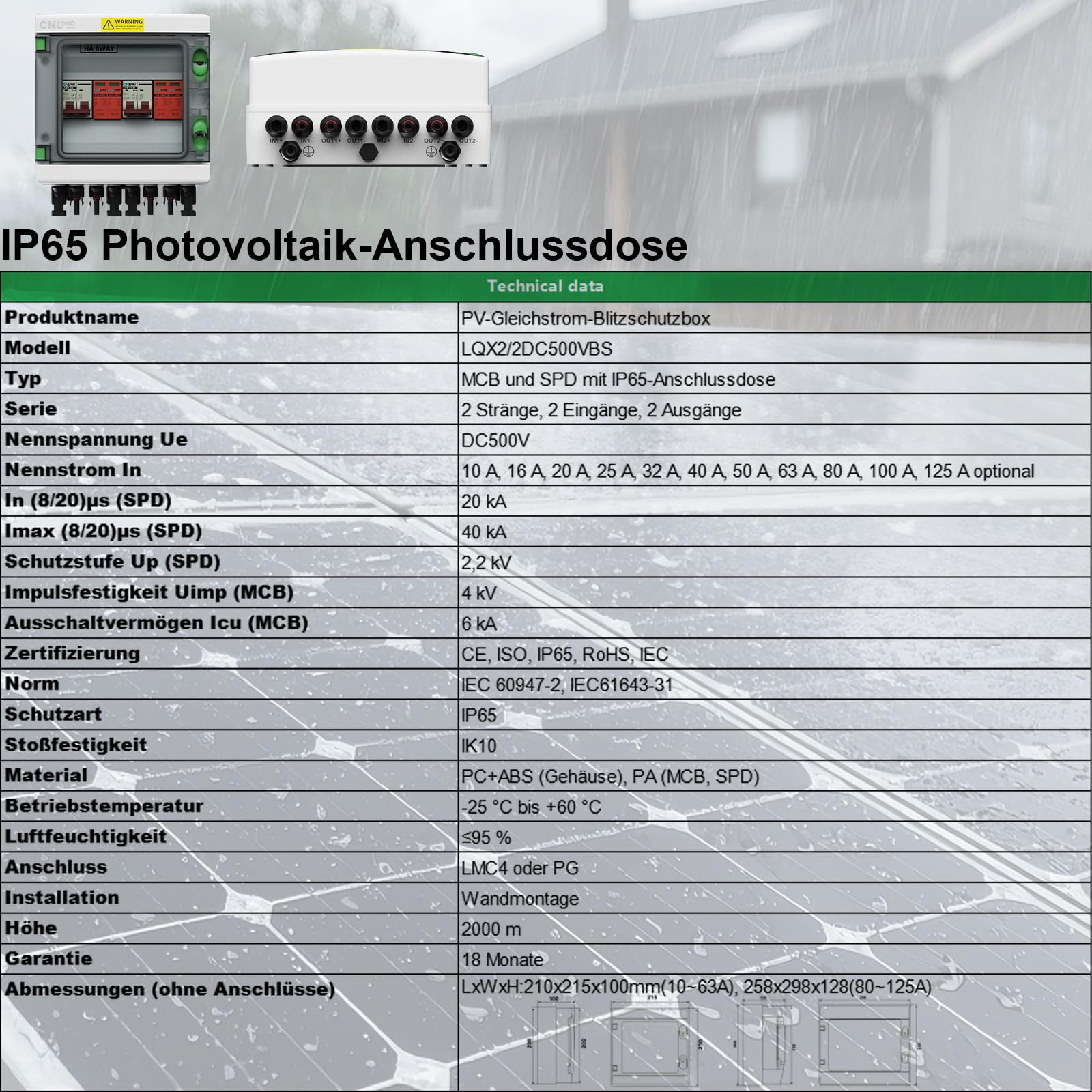 Überspannungsschutz PV DC 500V 32A Trennschalter Blitzschutz 2 String 2 In 2 Out Mit IP65 Solar PV Anschlusskasten Für PV Anlage Komplettset