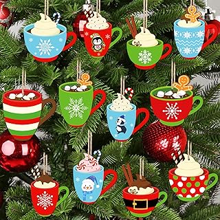 Whaline 24 Pieces Christmas Wooden Hanging Ornaments Cocoa Cartoon Cutouts with Hemp Rope Coffee Cup Wooden Craft Discs Decorative Items for Winter Party Home Tree Decoration