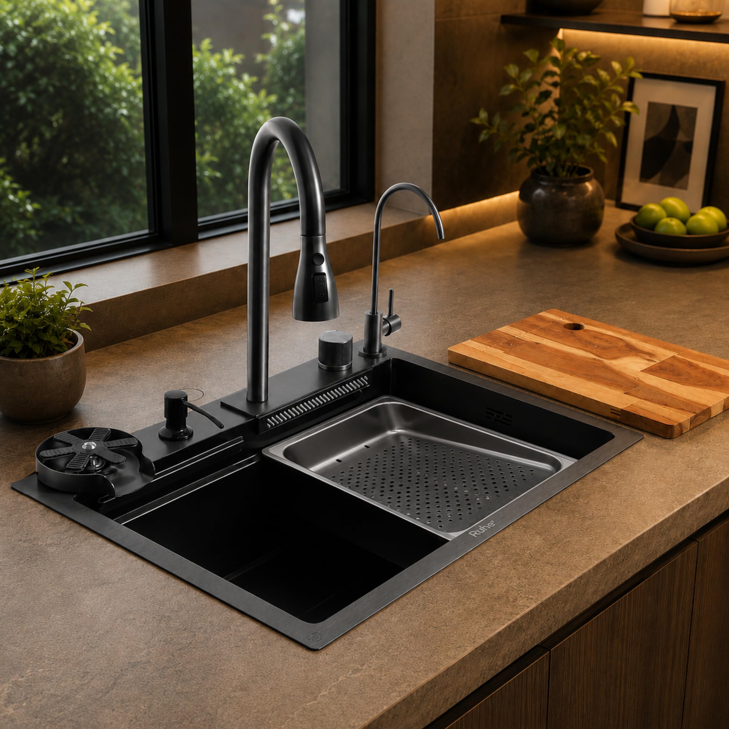 Ruhe Nano Black Single Bowl Smart Kitchen Sink with Integrated Waterfall | 24x18x9 inches | 304-Grade Stainless Steel Sink with Cup Washer, Drain Basket, RO Tap and Pull Out Faucet | Matte Finish-image-40