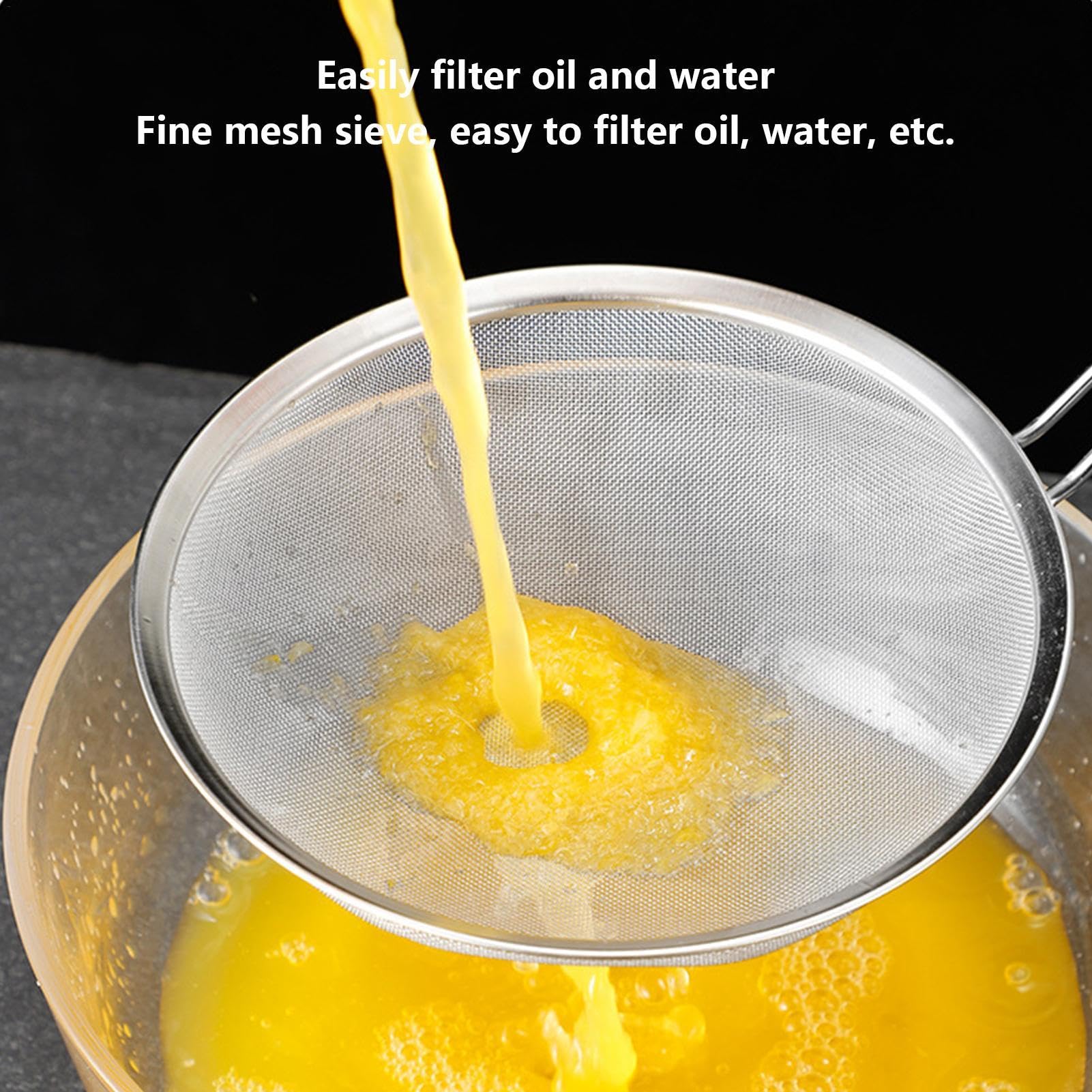 Colador de alimentos de malla, colador de cuchara de cocina de mango largo, cuchara de cocina de grasa y espuma para verduras, café, harina, azúcar, cacao en polvo