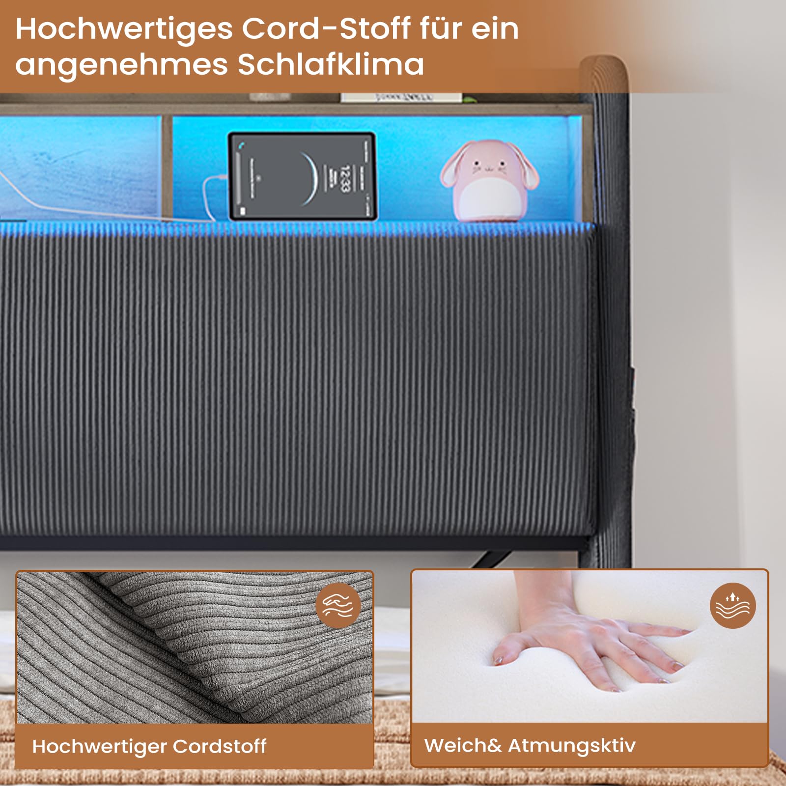 Hydraulisches Stauraumbett mit LED Beleuchtung und Steckdosen,Polsterbett mit Stauraum Kopfteil Jugendbett Betten mit HolzLattenrost & USB-Ladefunktion,Ohne Matratze (Dunkelgrau Cord, 140x200cm)