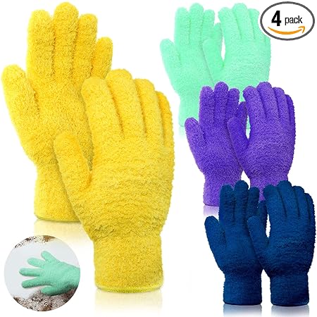 4 Pairs Microfiber Auto Dusting Cleaning Gloves Washable Cleaning Mittens for Kitchen House Cleaning Cars Trucks Mirrors Lamps Blinds Dusting Cleaning (Green, Dark Blue, Yellow, Purple)