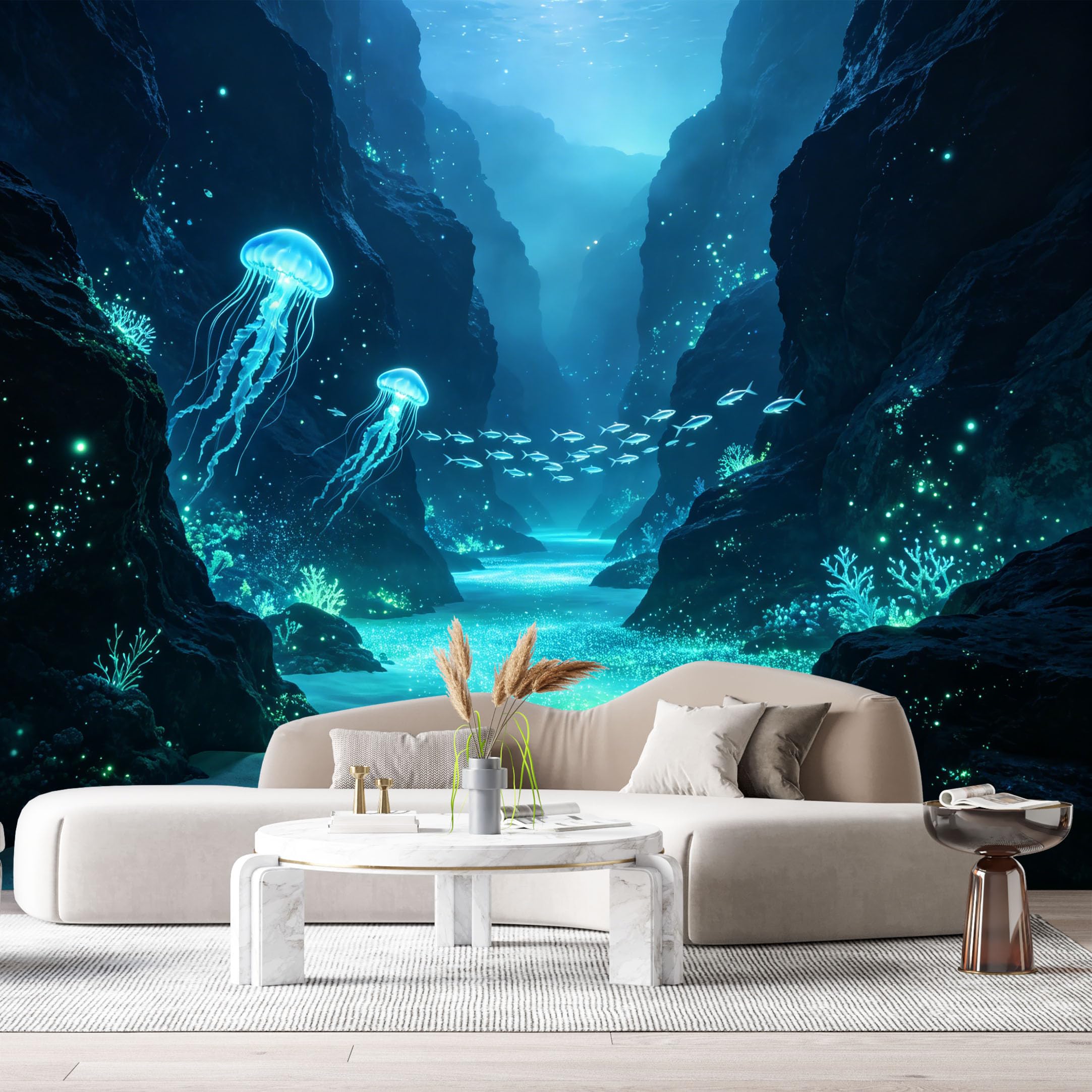 Custom Size Wall Murals Deep Sea Ocean Marine 3D Bioluminescent Jellyfish Underwater Cave SelfAdhesiveWall Fabric Removable Wallpaper Wall Decor for Living Room Bedroom Bathroom