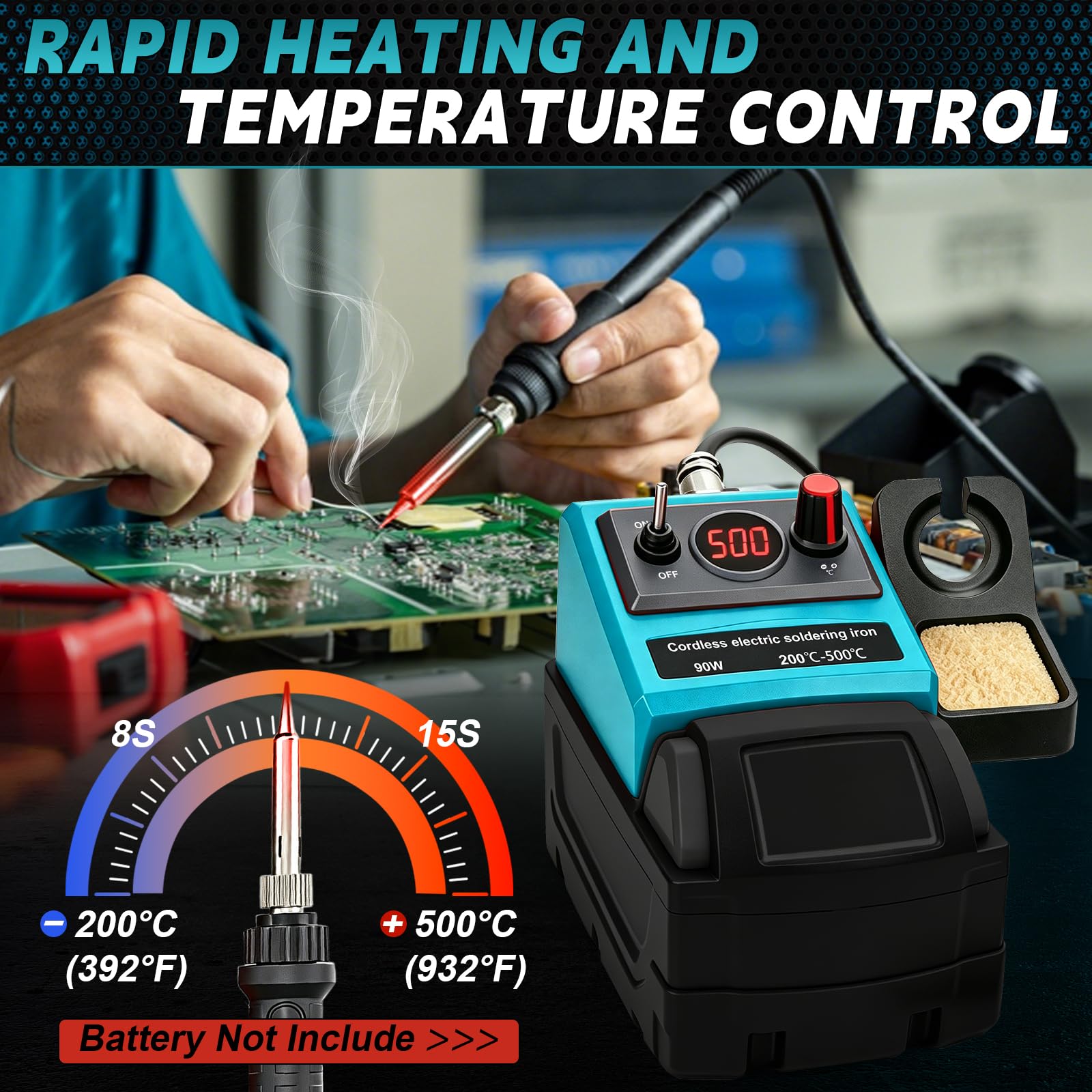 Stazione Saldante a Batteria per Makita 18V (senza Batteria) | 90W, Kit Saldatore, Temperatura 200–500°C, Display LCD, 5 Punte, Bobina Filo, per Fai-da-te