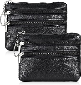 2 Pack Black PU Leather Mini Coin Purse Pouch 3 Zippers Change Card Holder Small Wallet with Keychain Mini Compact Travel Leather Change Purse for Women and Men