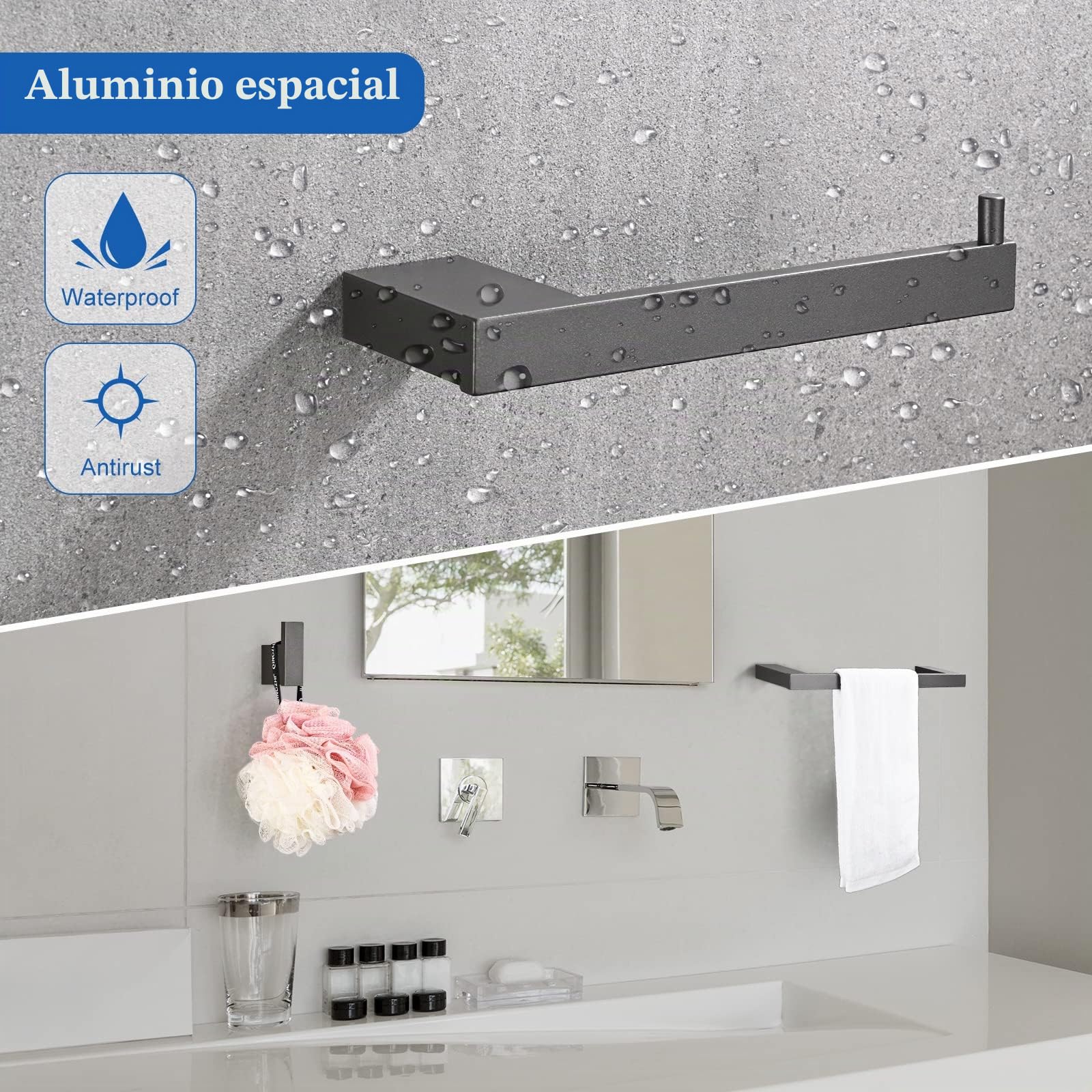 5 Piezas Toalleros de Baño, Accesorios Baño Papel Higiénico Instalación de Punzón de Superficie Acabado Cepillado Plata, 2 Ganchos