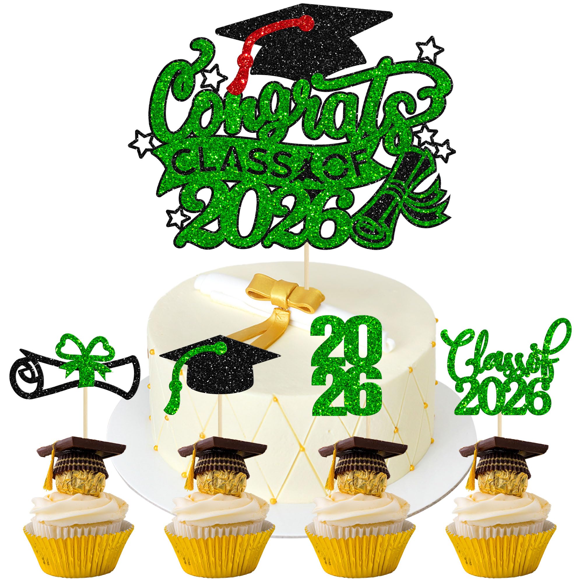 Gyufise 25Pcs 2026 Graduation Cupcake Toppers with Glitter Class of 2026 Cake Topper Diploma Grad Cap Class of 2026 Cupcake Picks Decorations for 2026 Graduation Theme Party Supplies Black Green