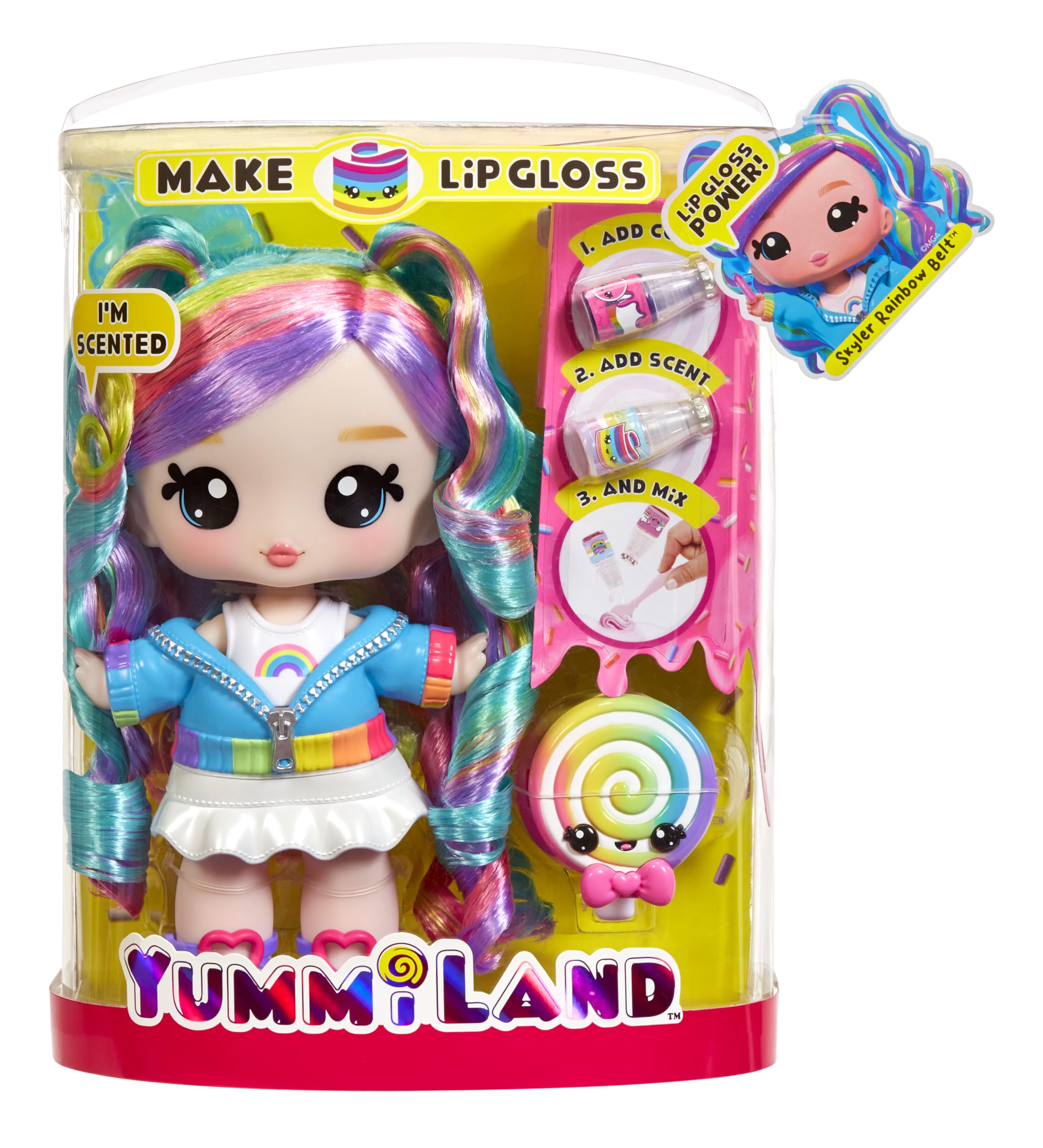 Yummiland Large Doll + Lip Gloss Pet - Skyler Rainbow Belt, with DIY Lip Gloss Kit, Ages 4+