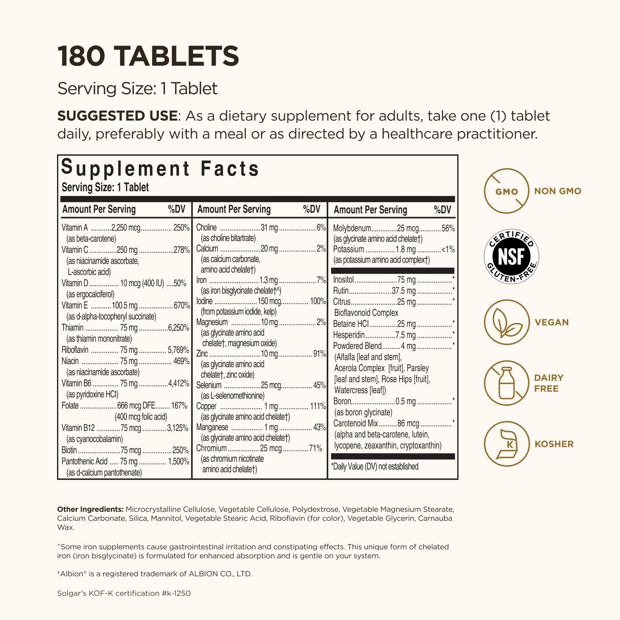 Solgar Formula VM-75, 180 Tablets - Multivitamin with Chelated Minerals - Vitamin A, B6, B12, C, D, E - Biotin, Magnesium, Calcium, Iron, Zinc - Vegan, Gluten Free, Dairy Free, Kosher - 180 Servings