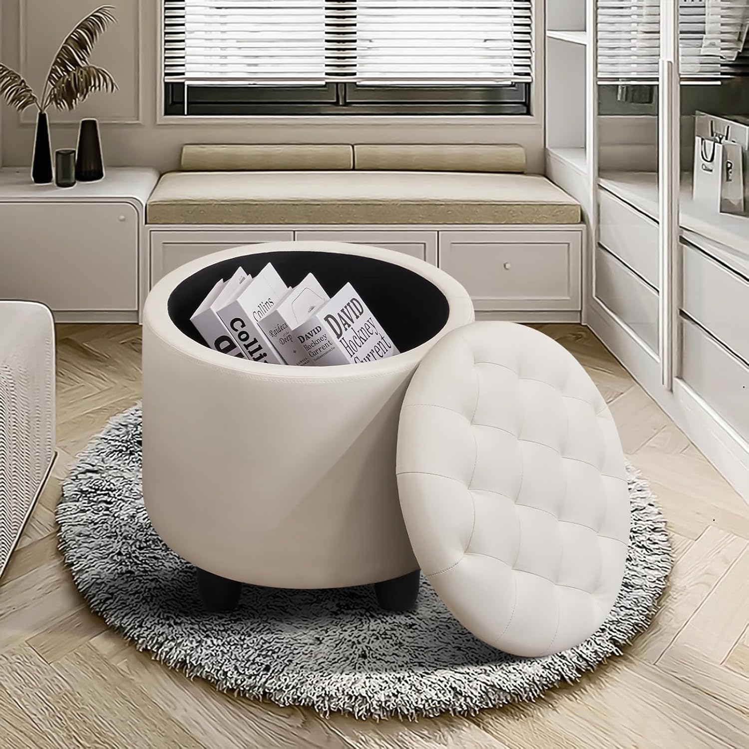 Furnimart Round Storage Ottoman with Cover Lid Tufted, 19" Round Ottoman with Storage Faux Leather Ottomans for Living Room Bedroom Dorm (Ivory White)