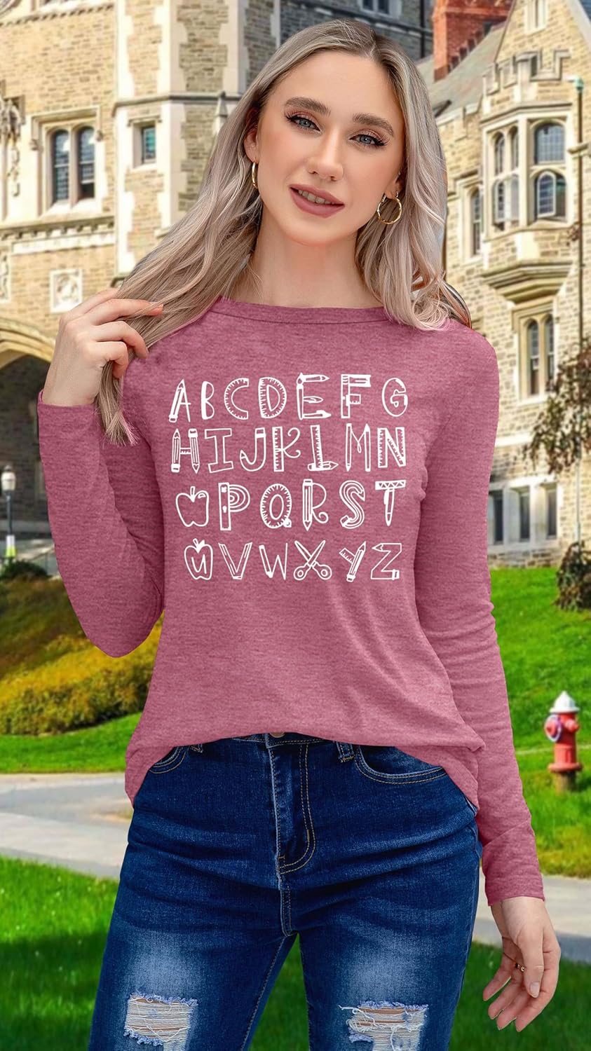 Teacher Shirts for Women: ABCD Teacher T-Shirt Alphabet Graphic Tshirt Casual Long Sleeve Fall Tops - Image 2