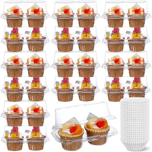 Roshtia 100 cajas para cupcakes de 2 cavidades, 300 piezas de mini tazas para hornear de 6.9 x 3.9 x 3.5 pulgadas, transparente, apilable, soporte