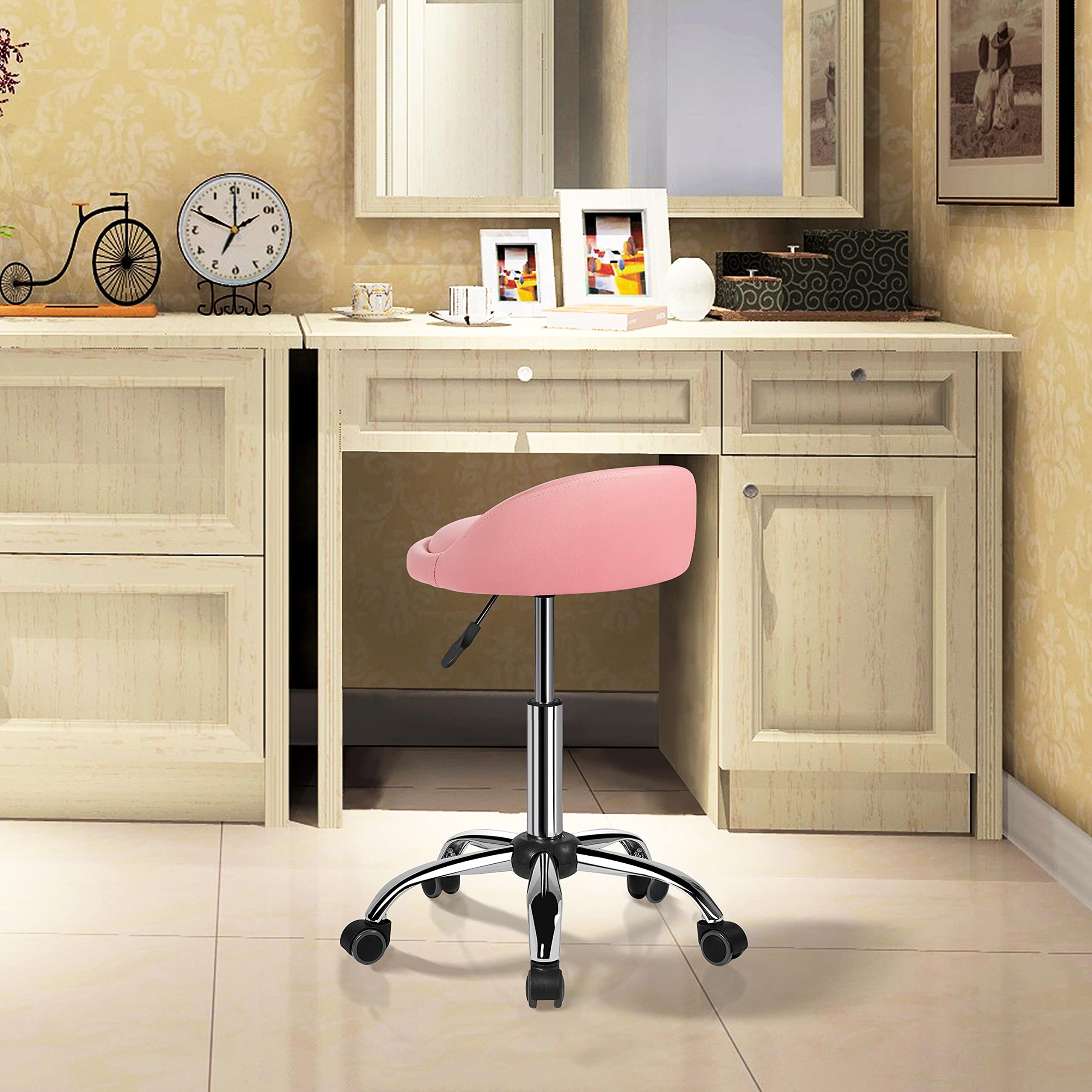 Topeakmart Rolling Salon Stool PU Leather Height Adjustable Officer Chair Swivel Drafting Work Spa Stool, Pink