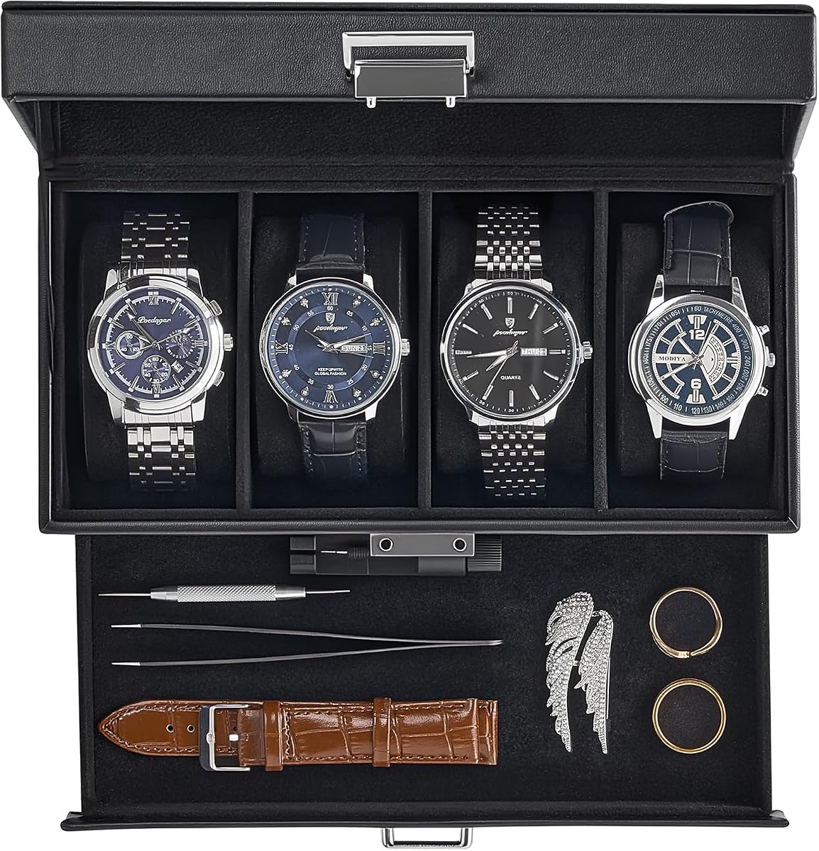 ProCase Watch Case, 4 Slot Mens Watch Box with Drawer -Black | 2-Layer Jewelry Box Display Case Holder Organizer for Men, Clear Lid, Dad Friend Father Anniversary Christmas Birthday Gift