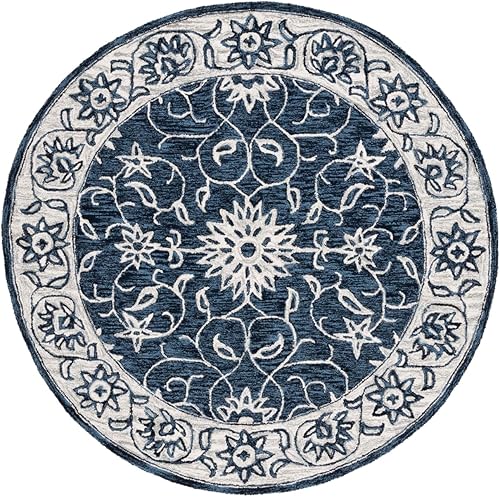 SAFAVIEH Jardin Collection - Alfombra redonda de 6 pies, color azul marino y marfil, lana floral hecha a mano, ideal para zonas de alto tráfico en