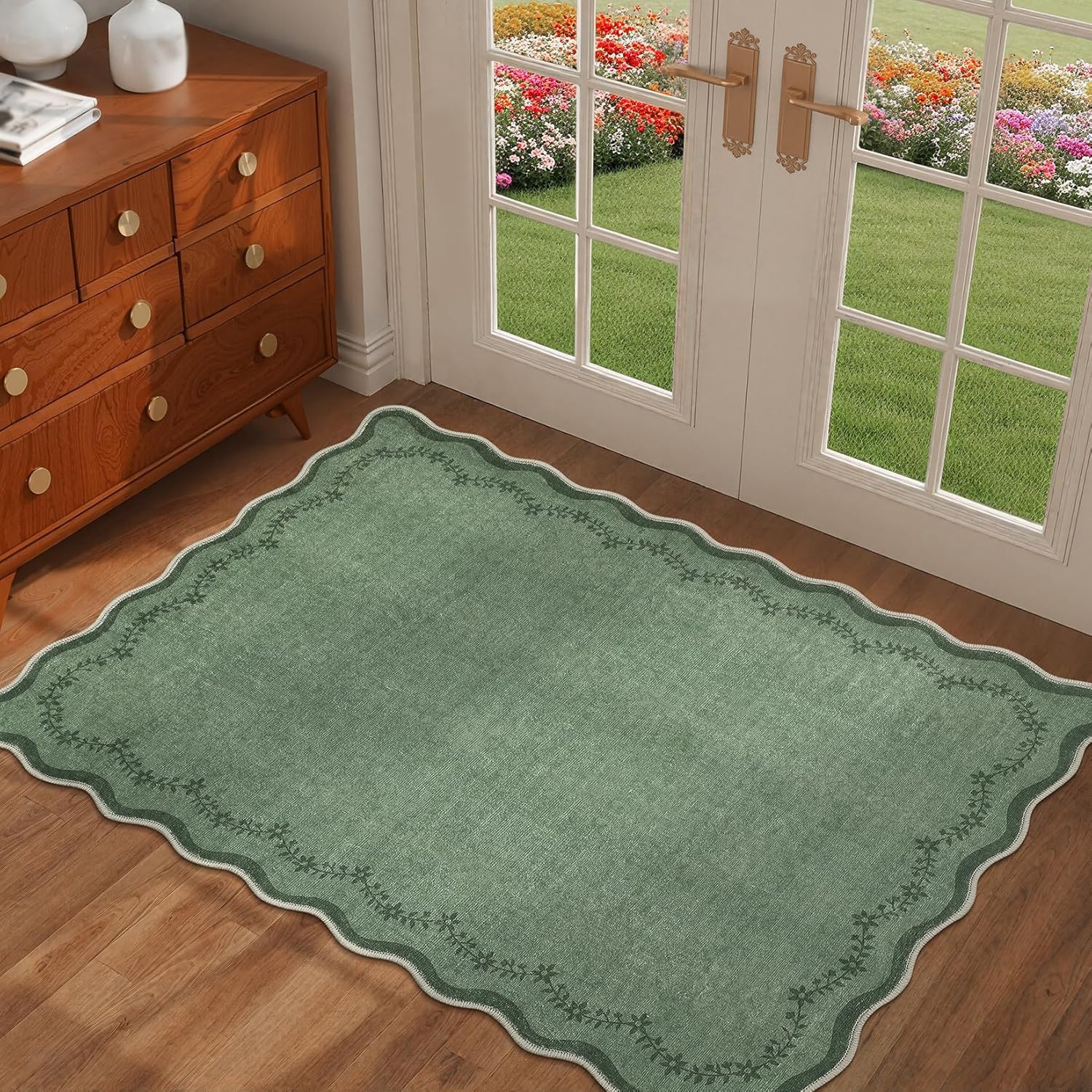 Tapis lavable en machine résistant aux taches grand format vert floral