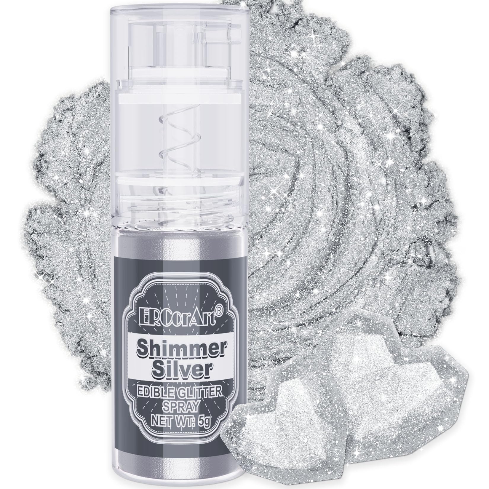 Edible Glitter Spray - ERCorArt 5g Metallic Luster Dust Edible, Shimmering Cake Glitter Spray for Drinks, Cake Decorations, Fondant, Cocktails, Baking, Chocolate, Candy (Shimmer Silver)