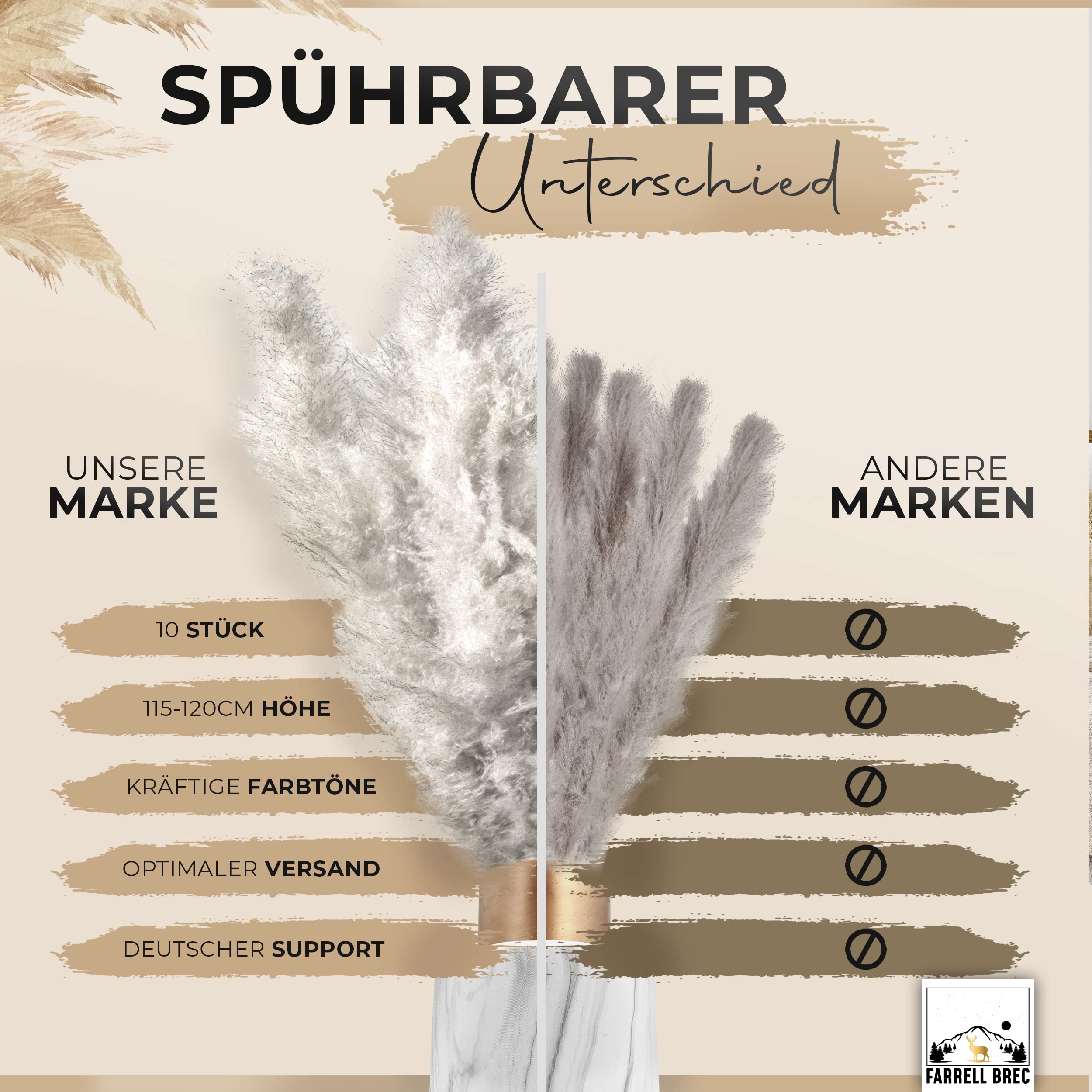 Birkental Pampasgras getrocknet XXL ( DAS ORIGINAL ) - 10 Stück - Pampasgras Deko groß 115 - 120 cm, Trockenblumen Deko , extra fluffig , Boho Wohnzimmer Schlafzimmer Vase Trockenblumenstrauß Vintage