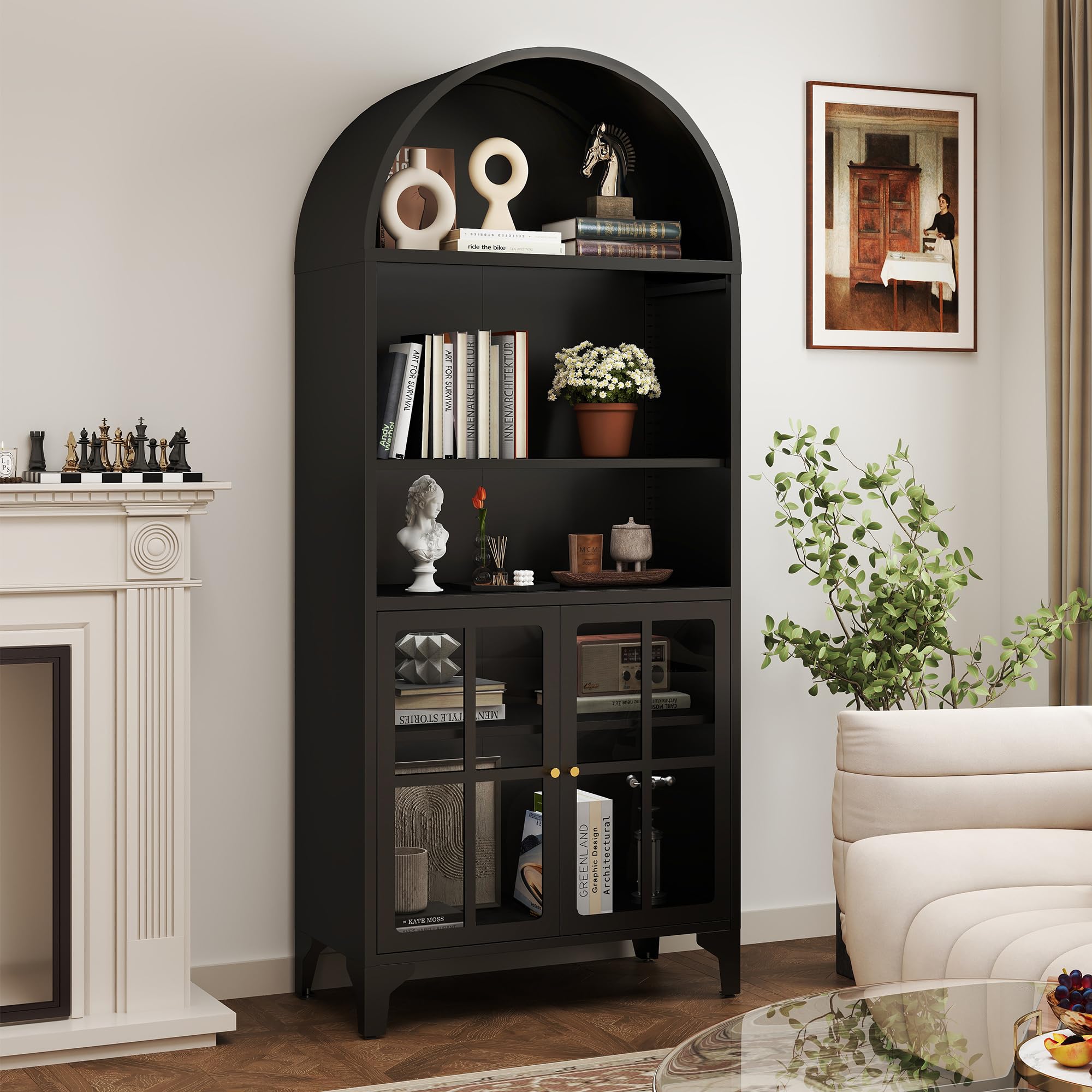 Desirable Life 74" Black Arched Bookcase Bookshelf, 5-Tier Tall Arched Storage Cabinet w/Adjustable Open Shelves & Doors, Metal Kitchen Pantry Display