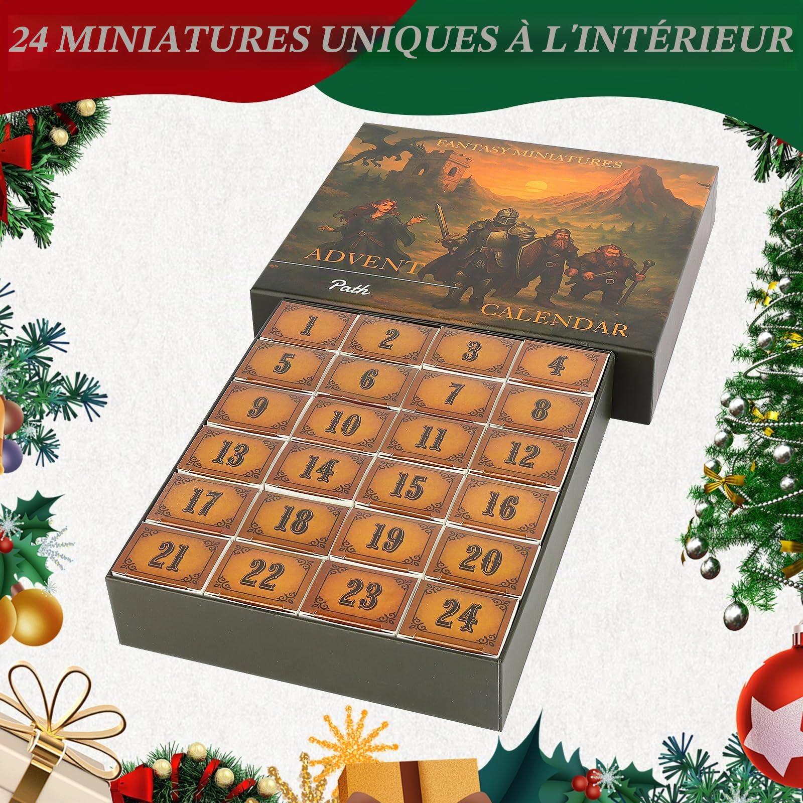 Calendrier de l'Avent de table fantastique de 24 jours - 24 figurines RPG non peintes de 28 à 32 mm - Figurines en PVC pour jeux de rôle, escarmouche et jeux de société - Cadeau de vacances pour les