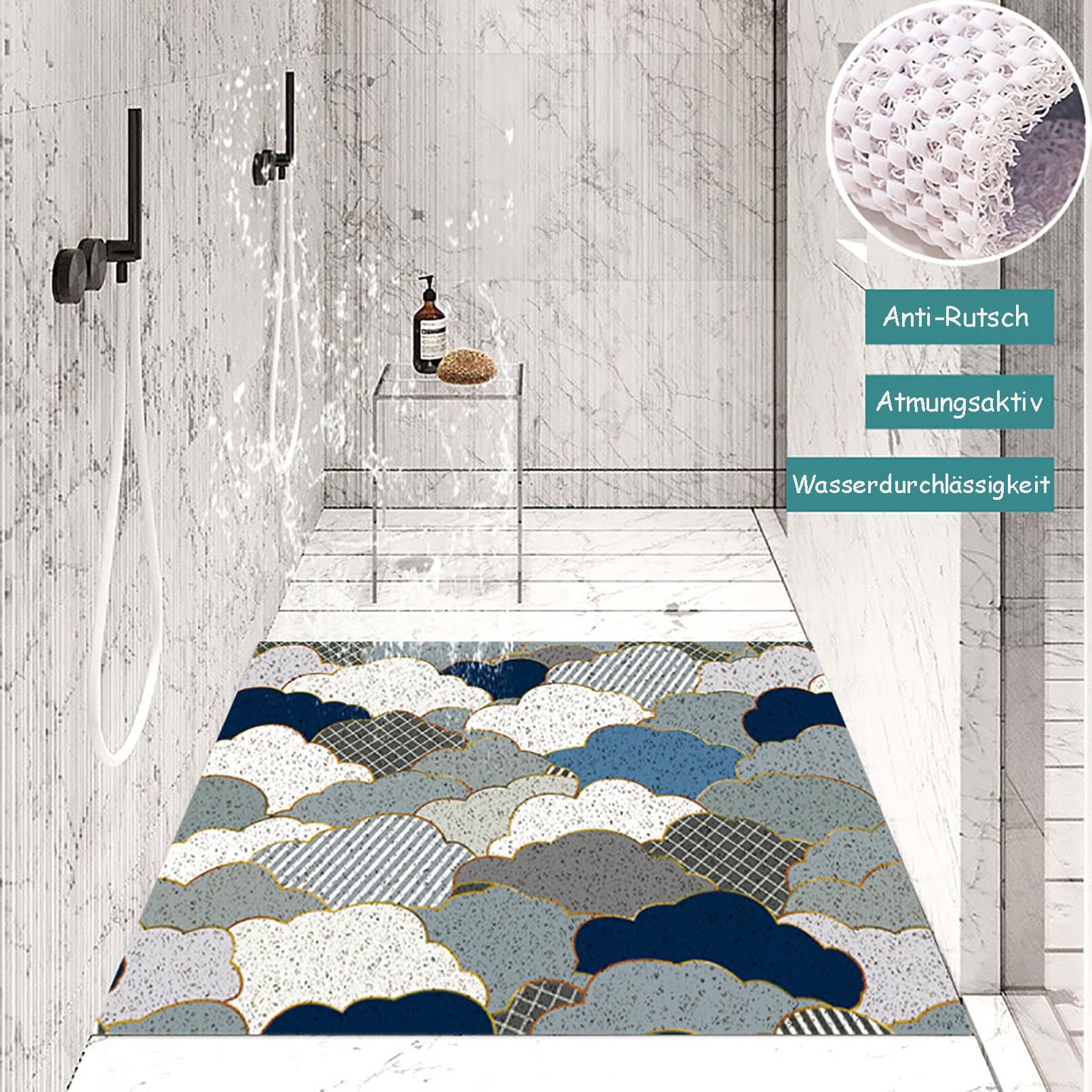 Tappetino da doccia antiscivolo, 40 x 60 cm, morbido e confortevole, tappetino da bagno antiscivolo elegante e lucido in PVC con ganci, alta permeabilità all'acqua