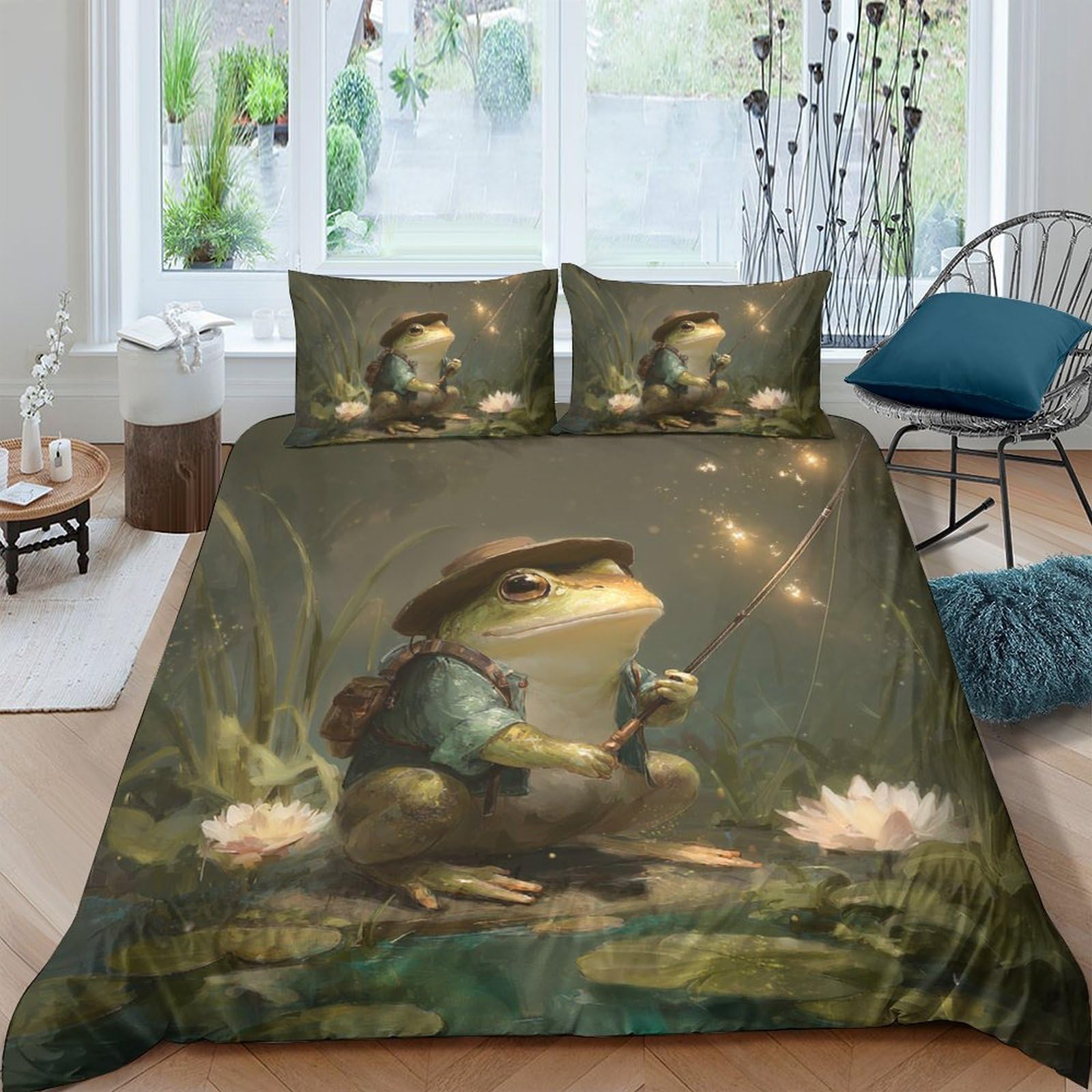 Ctjqhvkz Style-4 3D Printed Forest Frog Fitted Sheet Microfiber Soft Green Lily Pond Bed Cover For Bedroom Guest Room Mattress Decor Single（135X200cm）