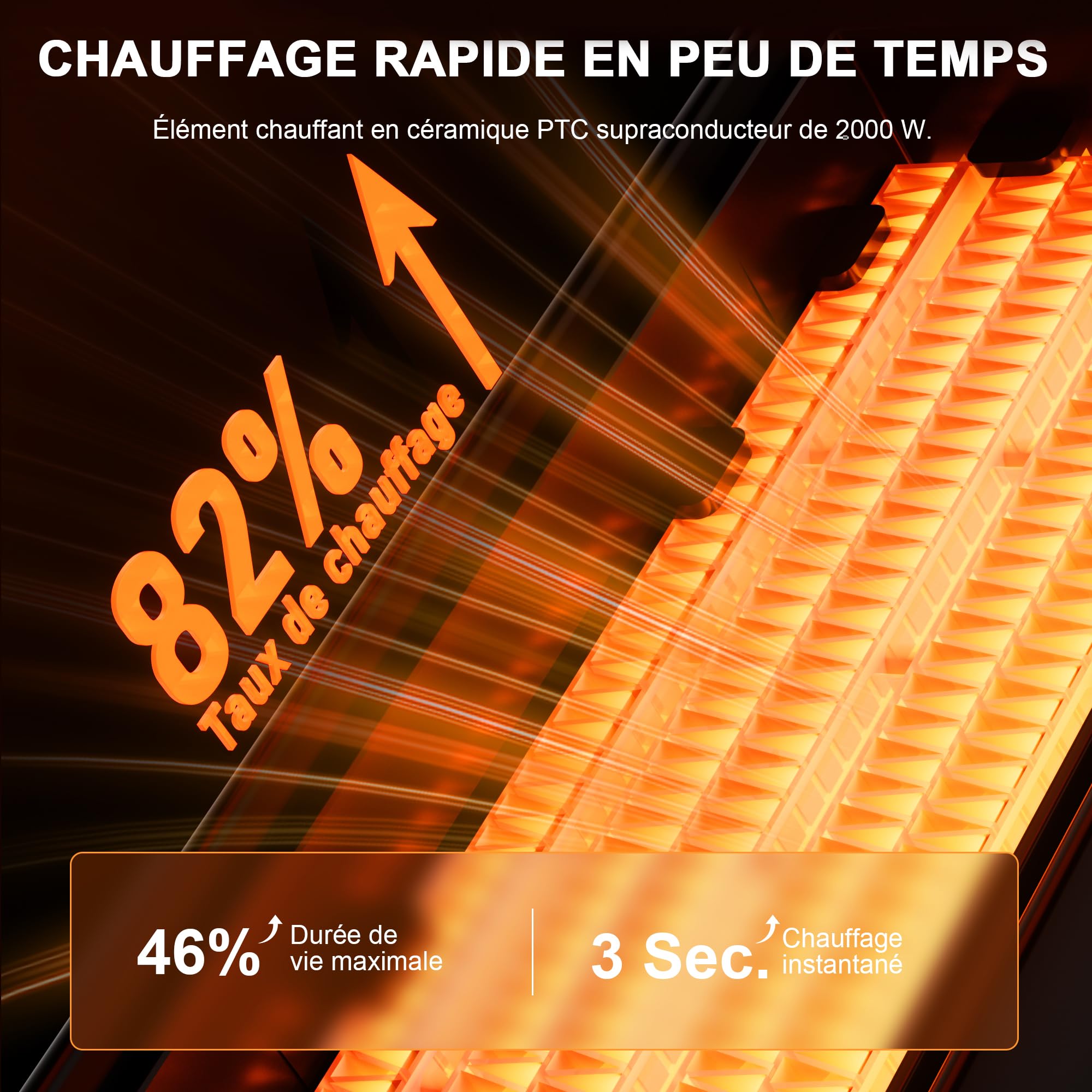 Chauffage électrique à faible consommation 2000 W PTC avec humidification, télécommande, 75 ° oscillation, 3 éclairage ambiant, ECO, minuterie 12H, protection contre la surchauffe et le basculement