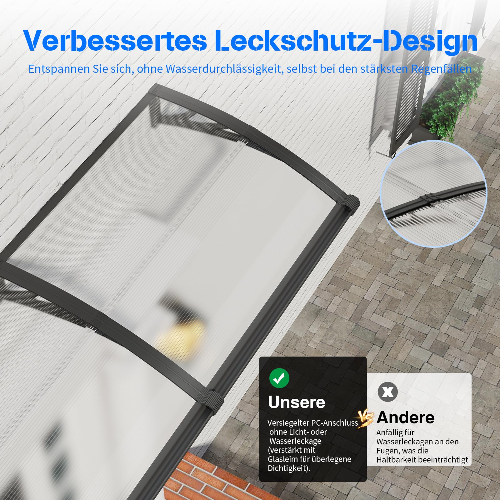 Vordach für Haustür, 200x100cm Fenstervordach mit separater Entwässerung, Polycarbonat Pultvordach Überdachung für UV-, Regen- und Schneeschutz – Ideal für Veranda