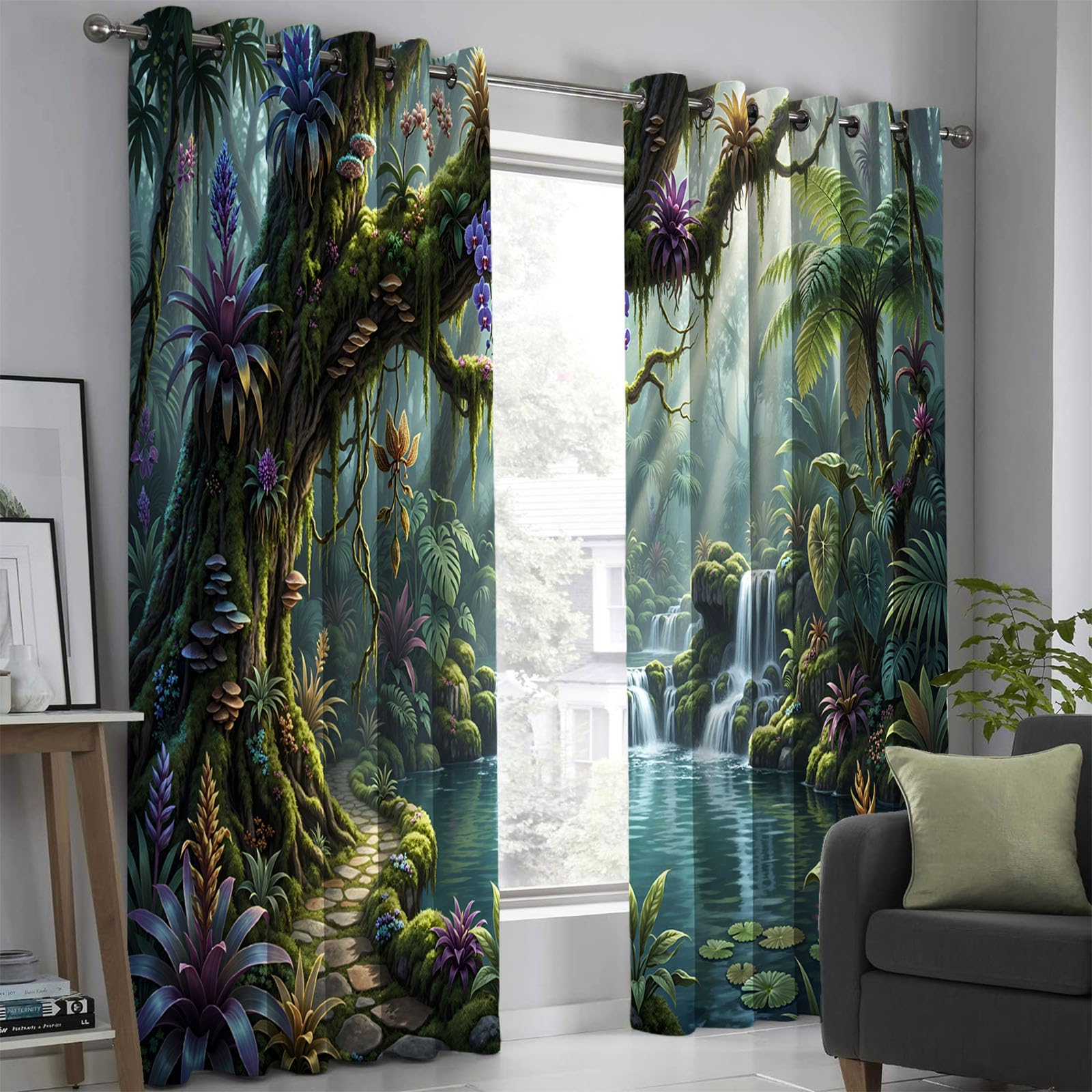 Lot de 2 rideaux occultants haut de gamme motif forêt tropicale 140x145 cm