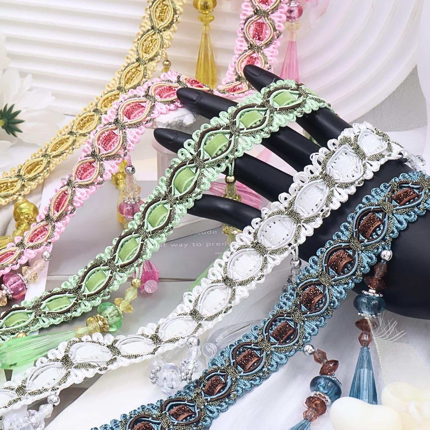 Bijou Joon 3 Yards White Beaded Fringe Trim Handmade Crystal Beaded Tassel Trim Pendant DIY for Sewing Curtain Lampshade Braid Clothing Tablecloth Home Decoration