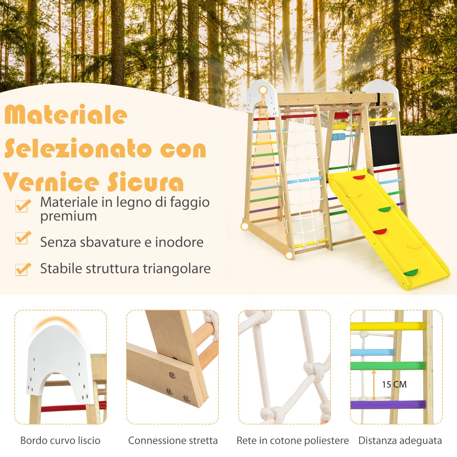 RELAX4LIFE 8 in 1 Triangolo da Arrampicata Multifunzione, Parco Giochi in legno Massello con Scivolo, Altalena e Lavagna, Uso Interno, per Bambini 1 a 5 anni (Modello 3 Colorato)