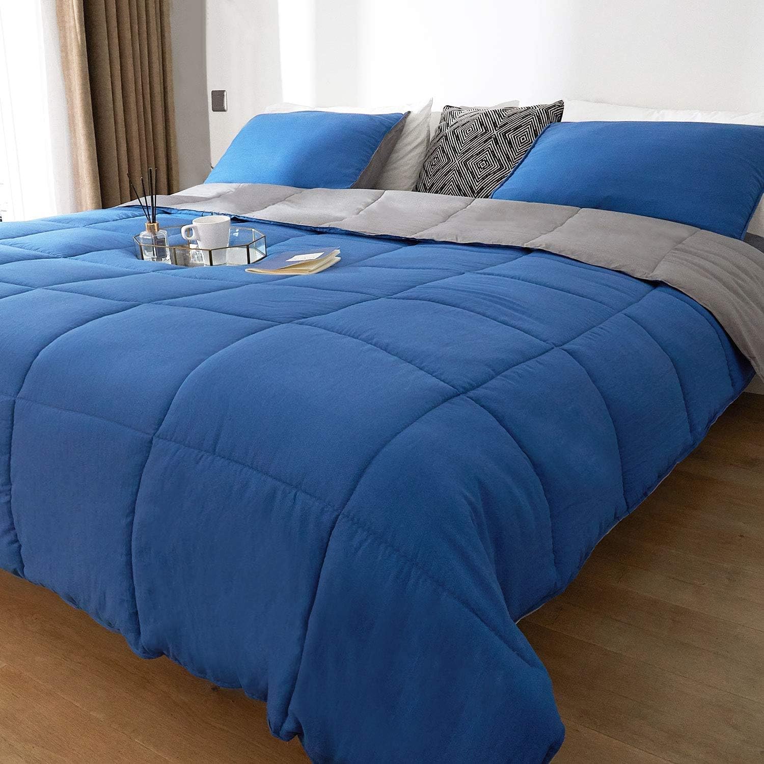 Comforter Set King/California King Size - All Season Soft Quilted Down Alternative Duvet Insert with Corner Tabs - 100% Organic Cotton - Warmth Hypoallergenic Bed Comforter Set 3 Pieces, Navy/Grey