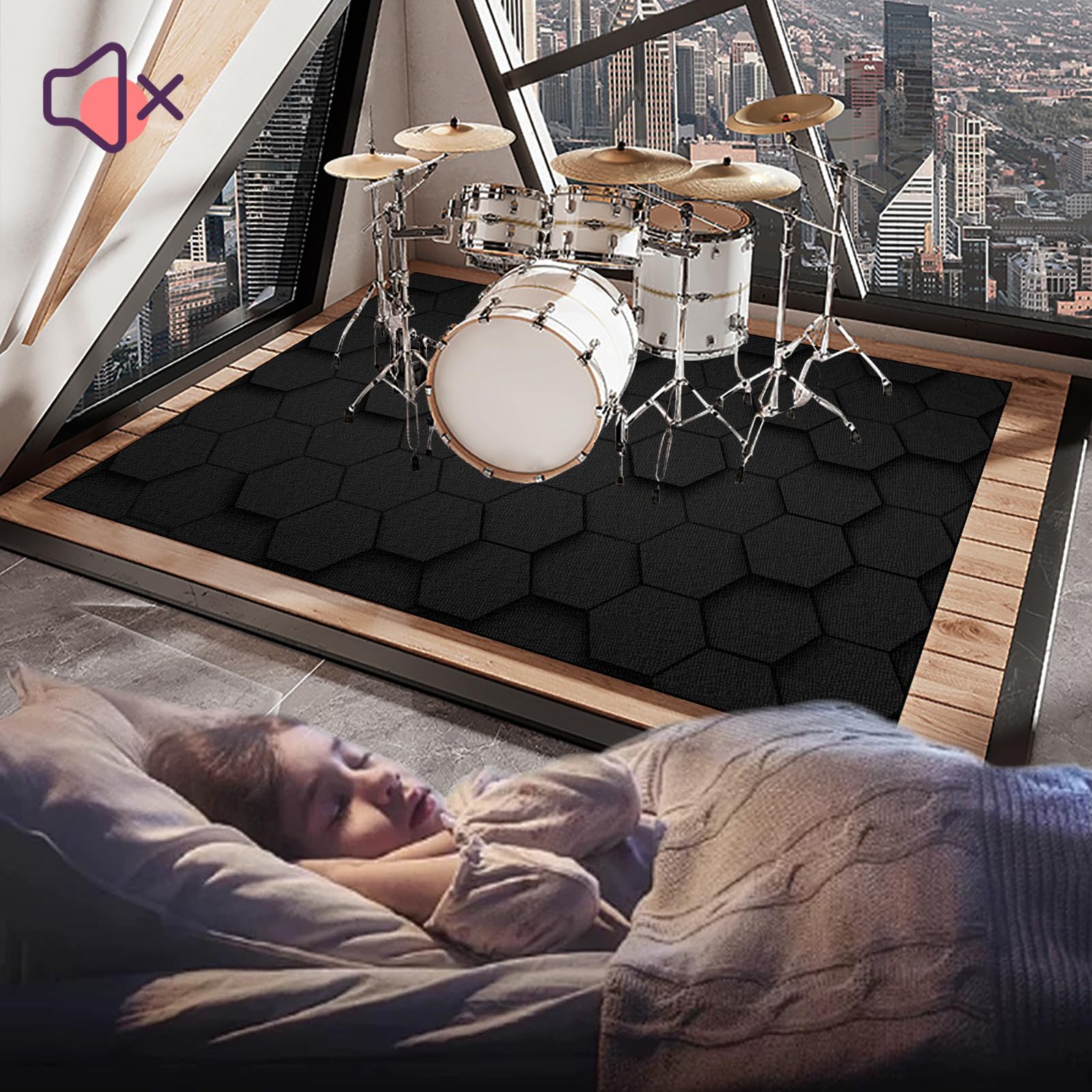 110 x 80 cm Drum Teppich Drumset Zubehör Trommel Teppiche für Drum Kits Bass Drum Snare Drum und andere Instrumente Teppich Schallschutz Teppich Dicht gewebte Oberfläche mit Rutschfeste Unterseite