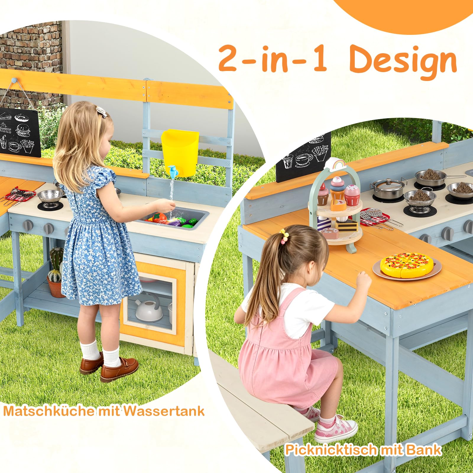 COSTWAY Matschküche Kinder, Outdoor Spielküche Holz mit Picknicktisch und Bank, Kinderküche mit Echtem Wasserhahn, Spüle, Tafel, Dessert- & Kochzubehör, Outdoorküche für Kinder ab 3 Jahren