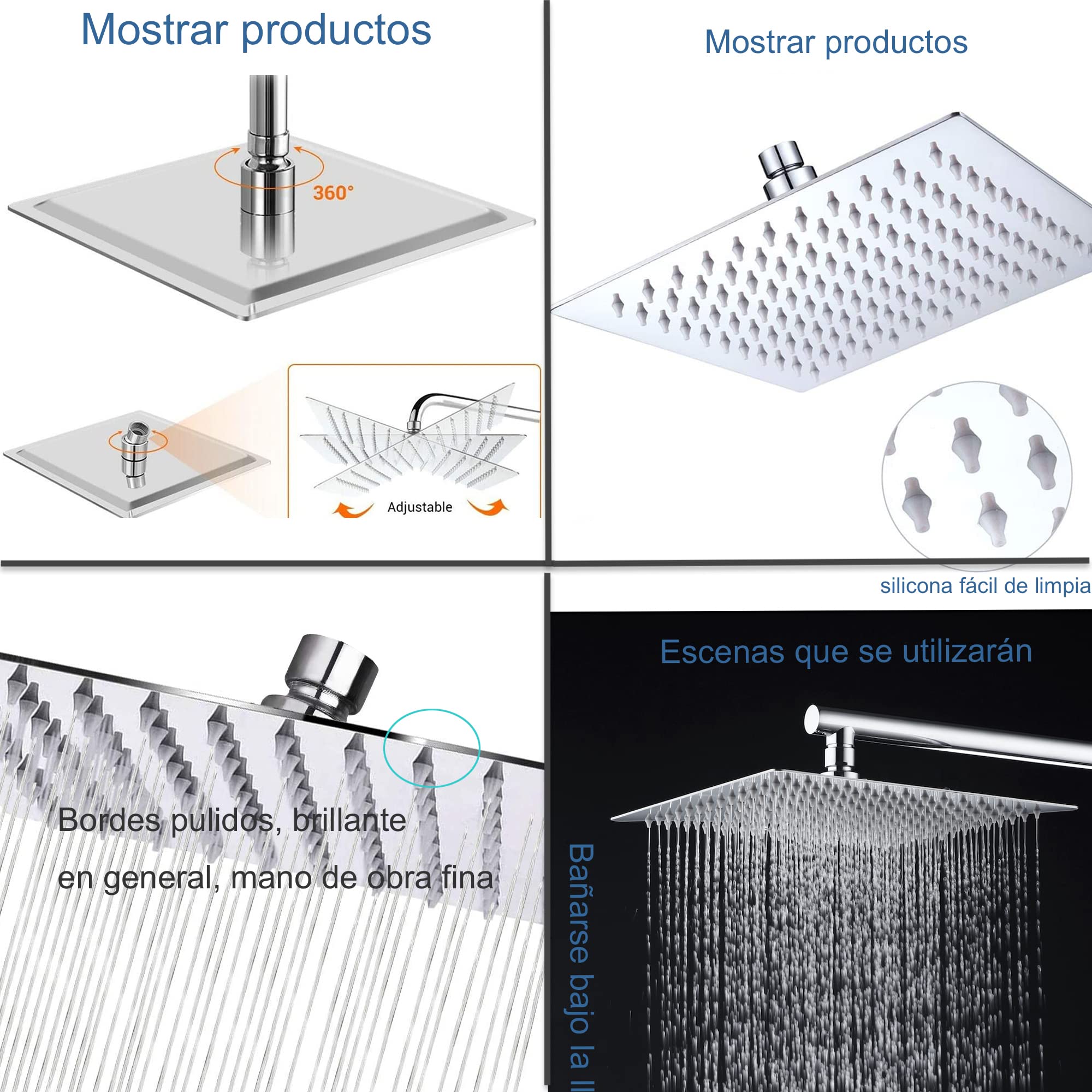 Krobec Cabezal de ducha de lluvia cuadradode 8 pulgadas/20 x 20 cm, cabezal de ducha de acero inoxidable, acero inoxidable 304 giratorio 360°, fácil de instalar y limp