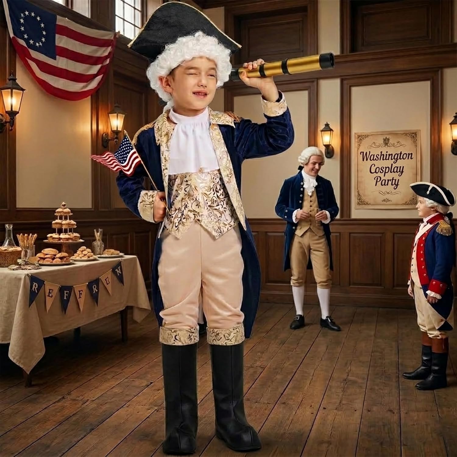 IKALI Kids George Washington Costume With Wig and Hat Accessories, Boys Children Hamilton American Colonial Day Outfit