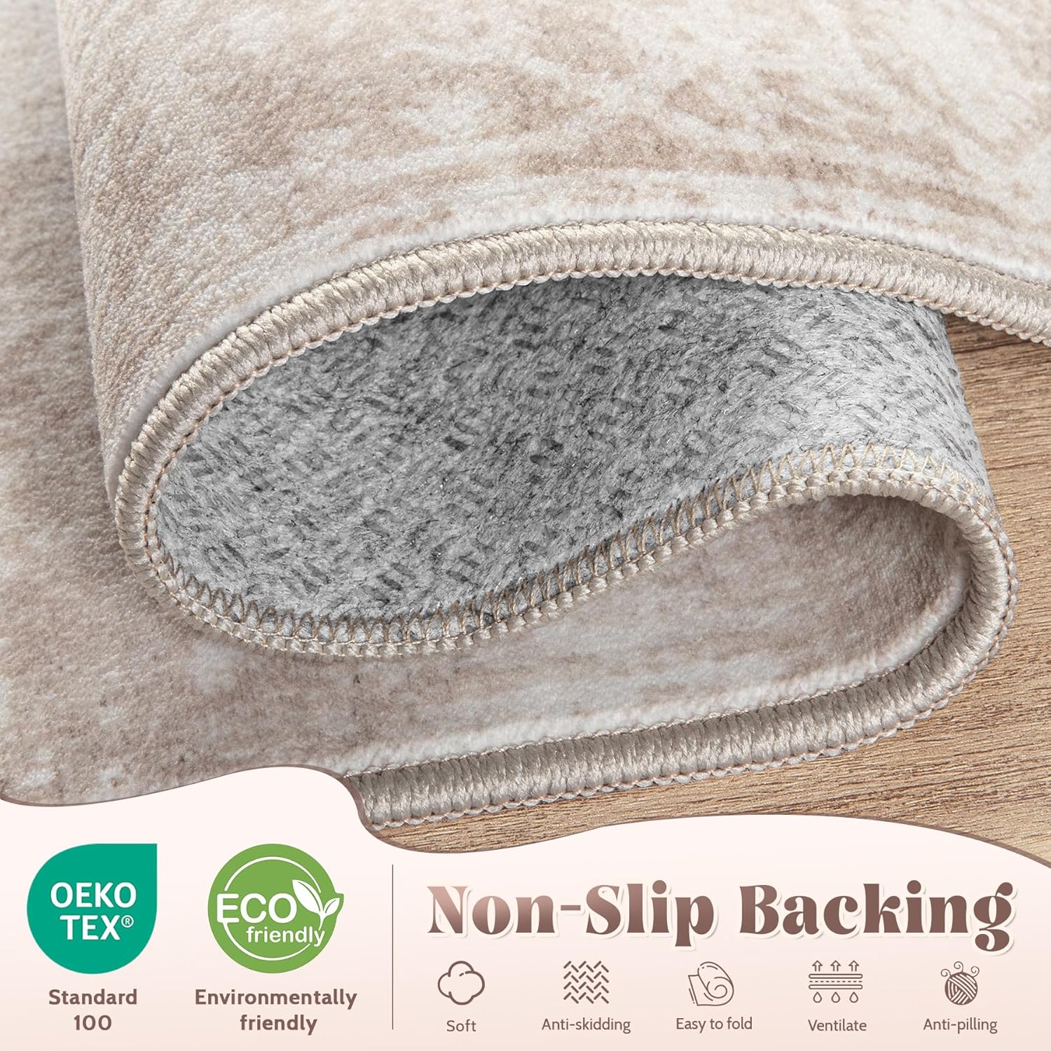 Area Rugs 9x12 Living Room: Large Vintage Living Room Rug with Non-Slip Backing Low Pile Rugs Soft Indoor Floor Thin Carpet Neutral Carpets for Bedroom Dining Room Farmhouse Nursery Brown/Cream