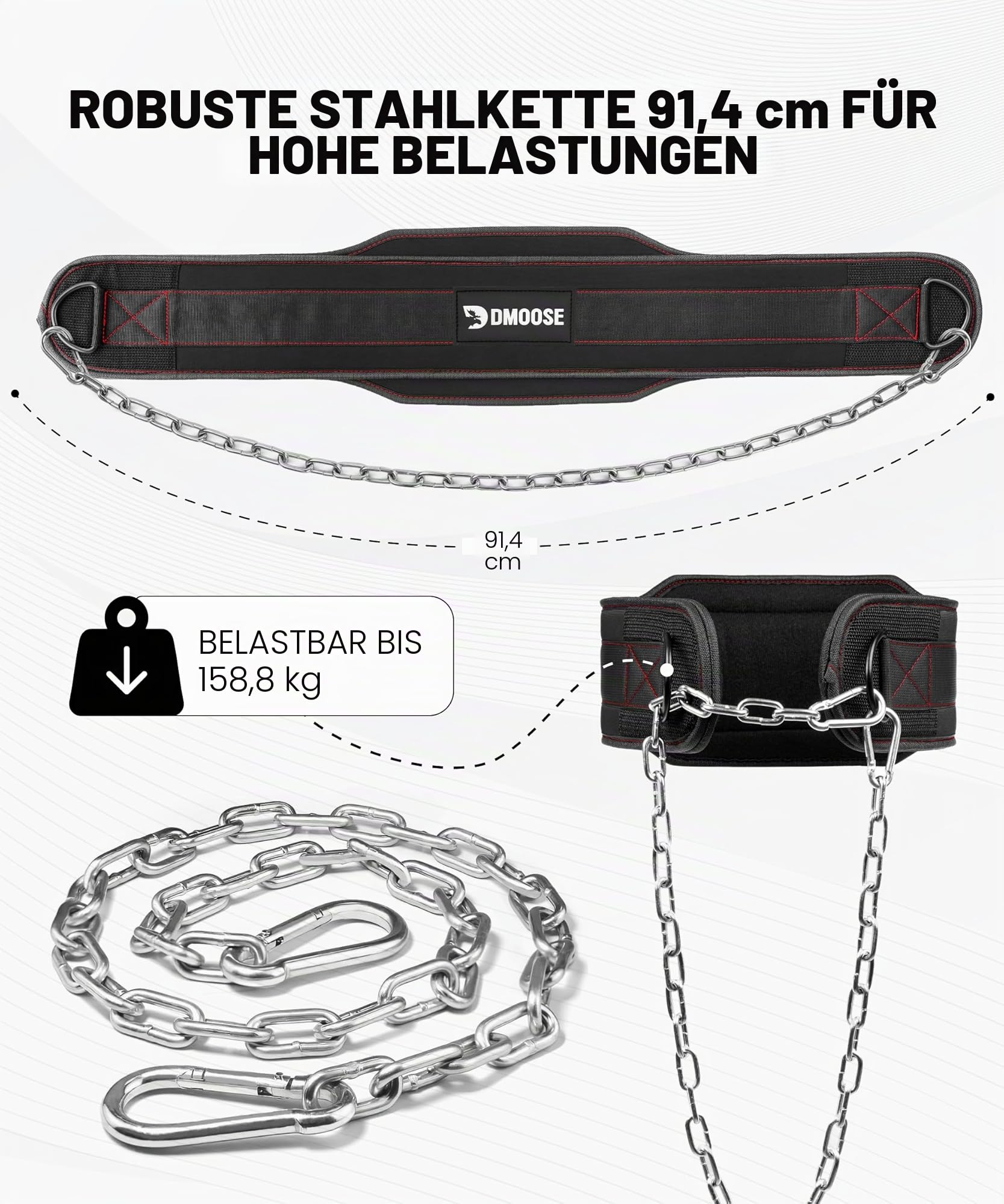 DMoose Dip-Gürtel für Kraftdreikampf mit 36" Stahl Kette - Weight Lifting Belt für Klimmzüge & Kniebeugen, Gewichthebergürtel für Herren & Frauen - Gewichtsgürtel mit bequemer Neopren-Stütze