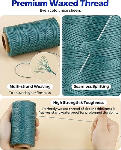 Miniatura 3 de Hilo encerado de costura para tapicería de cuero PLANTIONAL 218 yardas 210D juego de cuerdas de cera con 25 agujas de coser grandes a mano, kit de