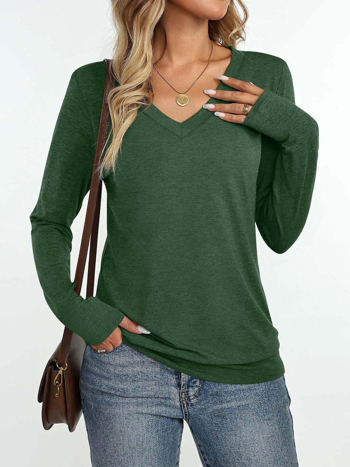 Womens V Neck Long Sleeve Shirts Banded Bottom Cute Loose Fit Tops Dressy Casual Outfits for Fall Spring - Image 2