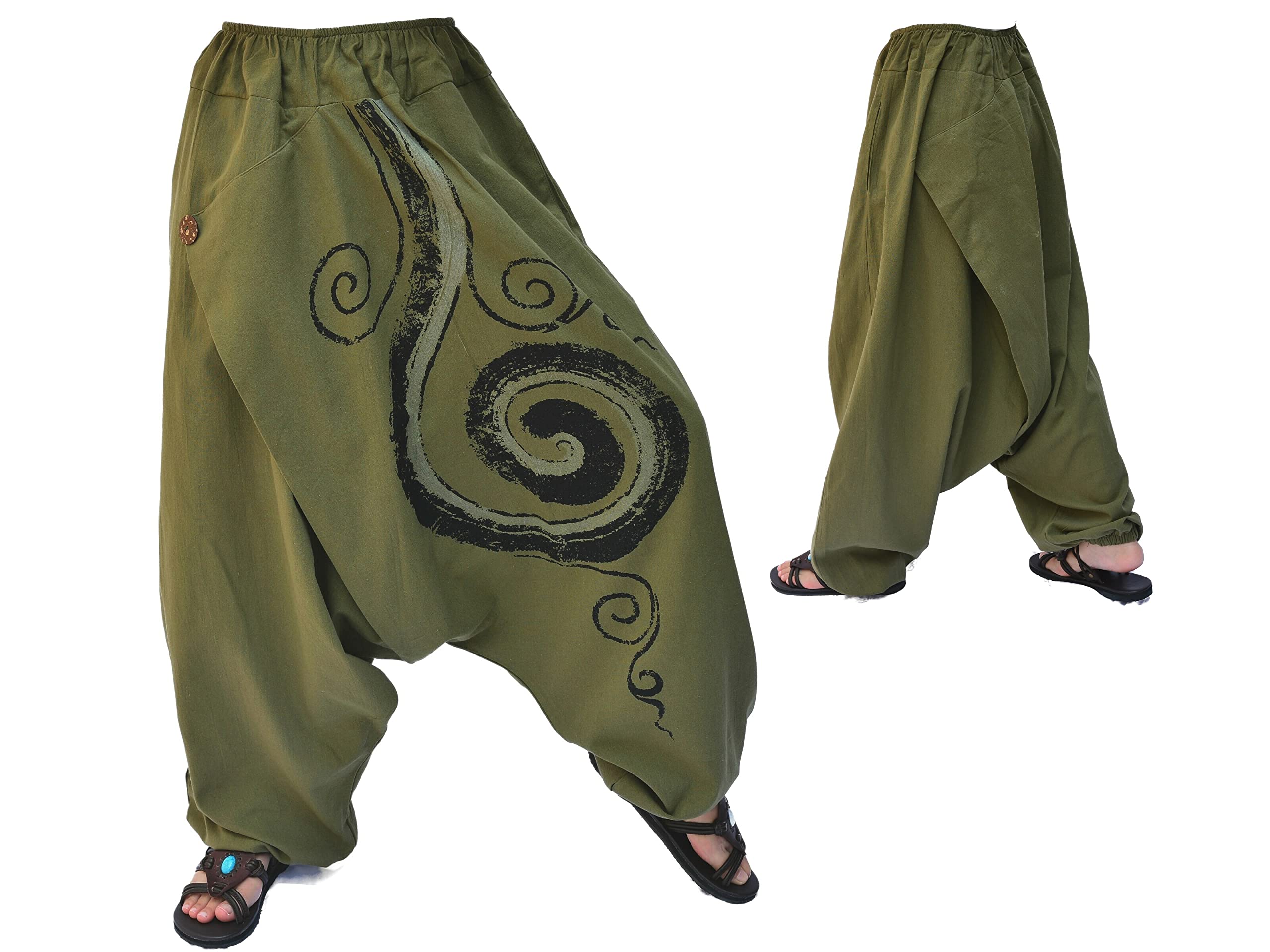 Siamrose Harem Pants Men Women Yoga Lounge Trousers 2 Pockets, One Size, Elastic Waist Olive
