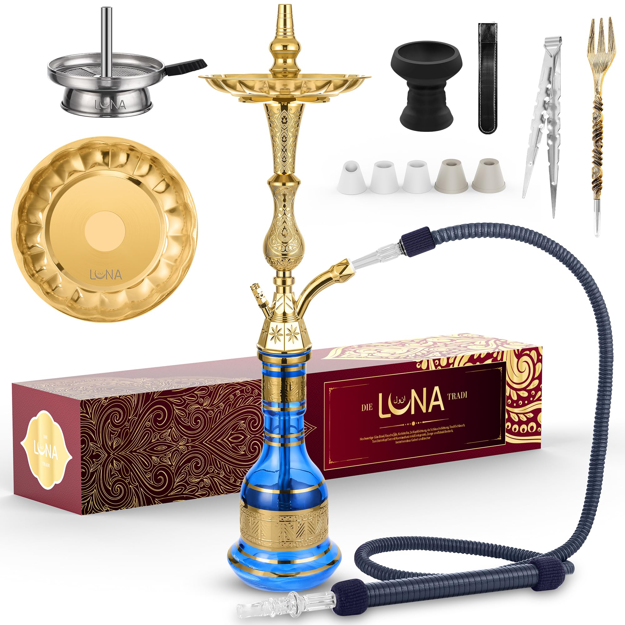 Luna Tradi Hookah - Set completo per narghilè, in metallo di alta qualità, con ciotola in vetro, testa in pietra, tubo in similpelle con bocchino, pinza, forchetta, blu